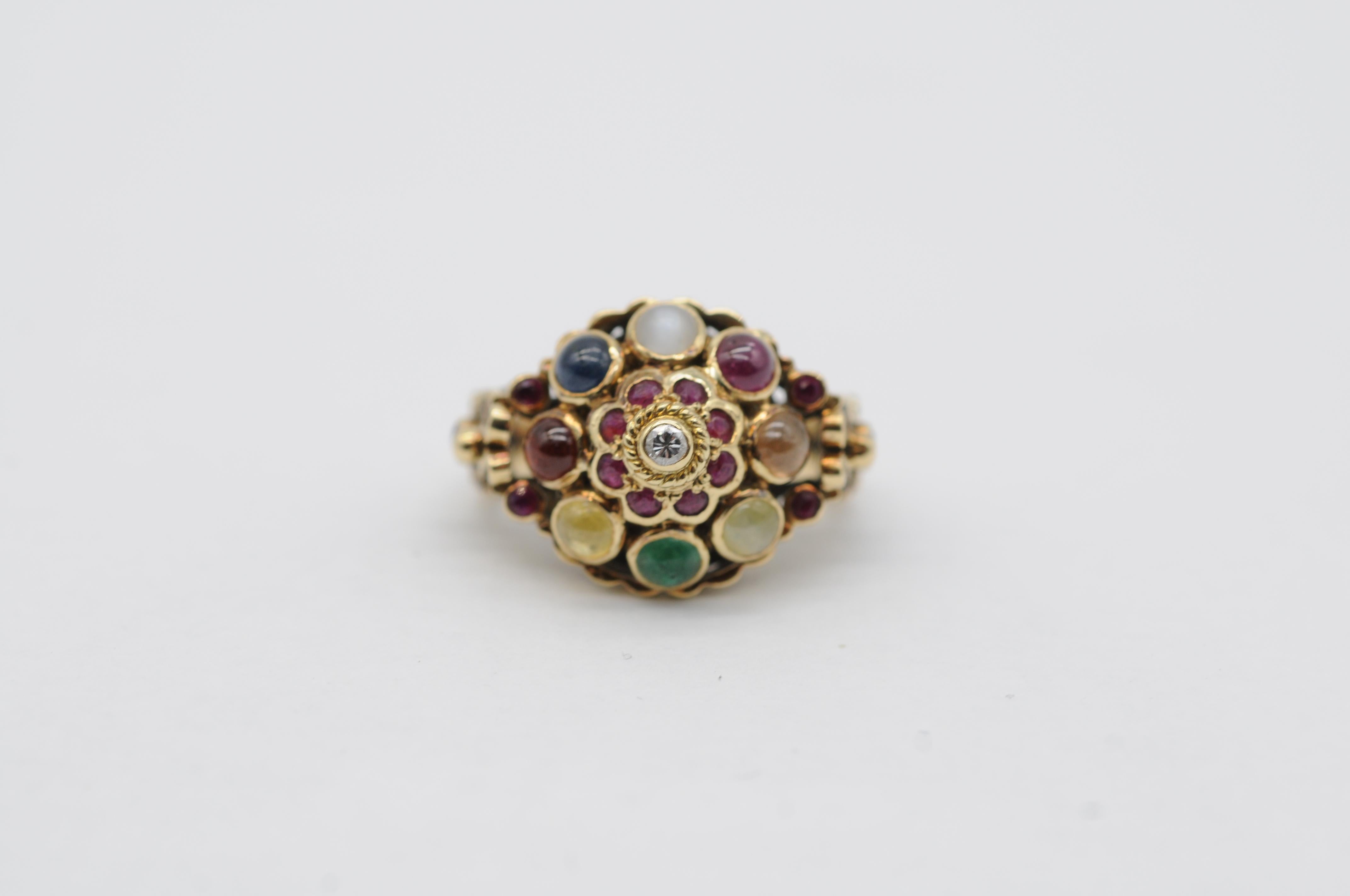 Women's or Men's Intricate Oriental Ring with Cabochon Rubies, Sapphires, and Other Gemstones For Sale