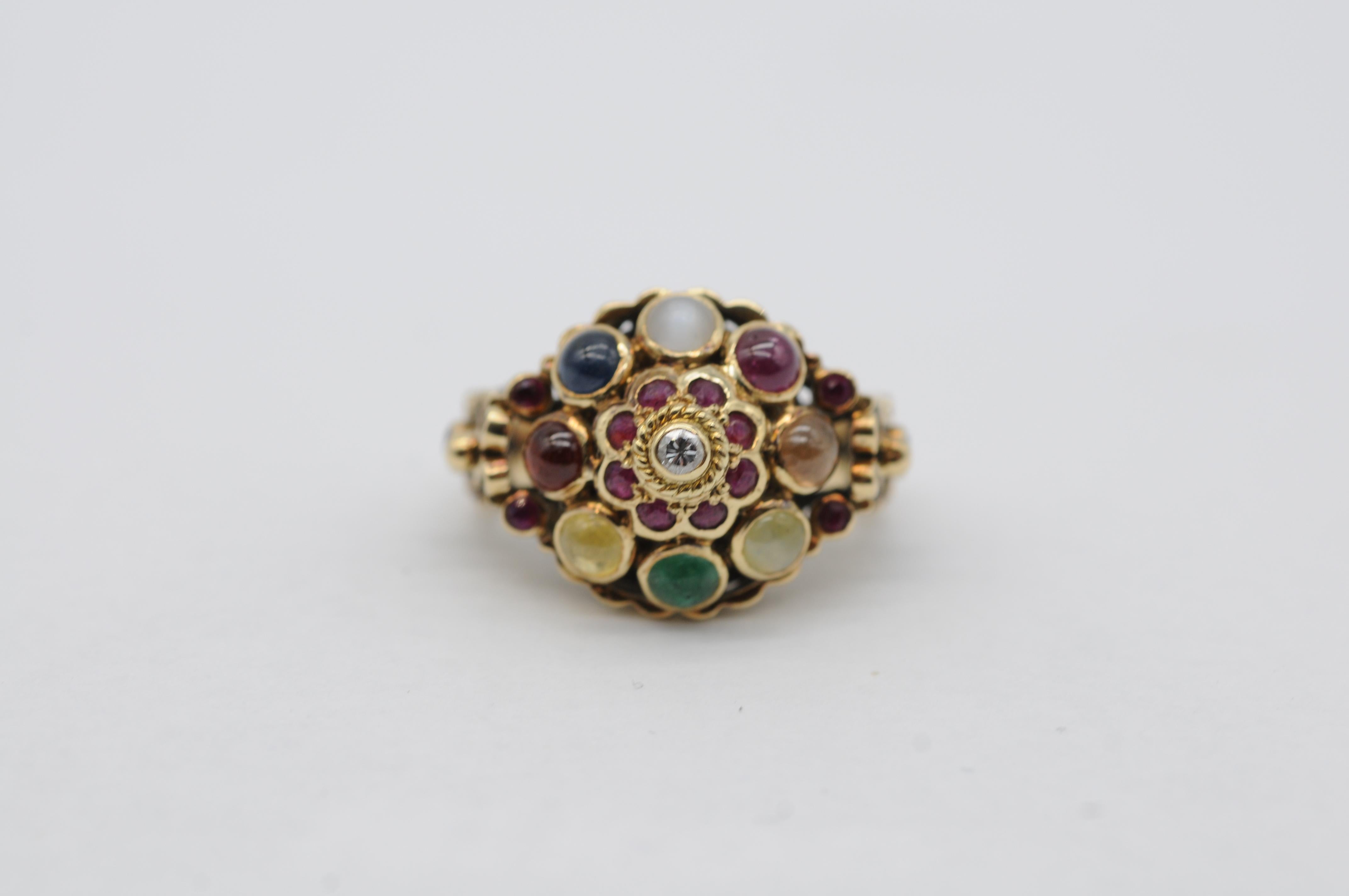 Intricate Oriental Ring with Cabochon Rubies, Sapphires, and Other Gemstones For Sale 1