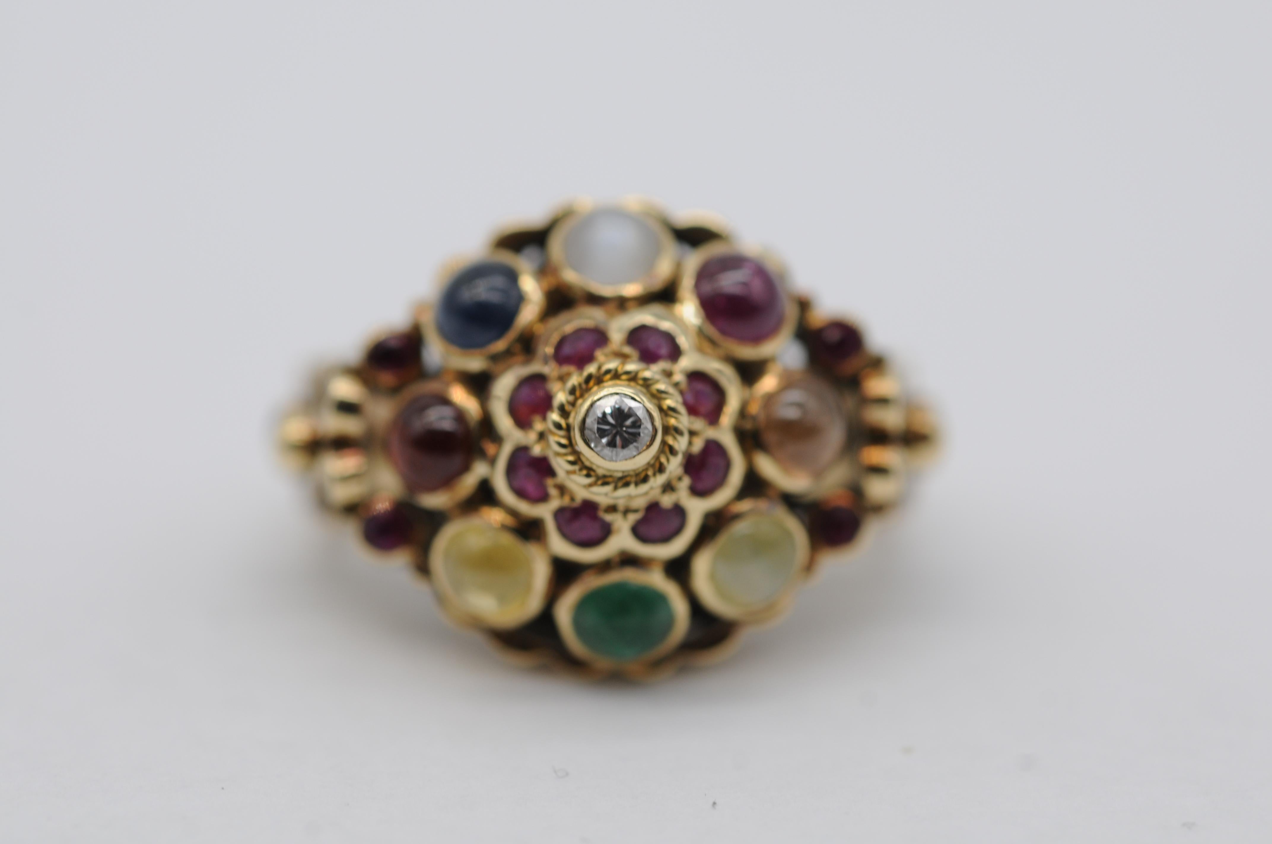 Intricate Oriental Ring with Cabochon Rubies, Sapphires, and Other Gemstones For Sale 2