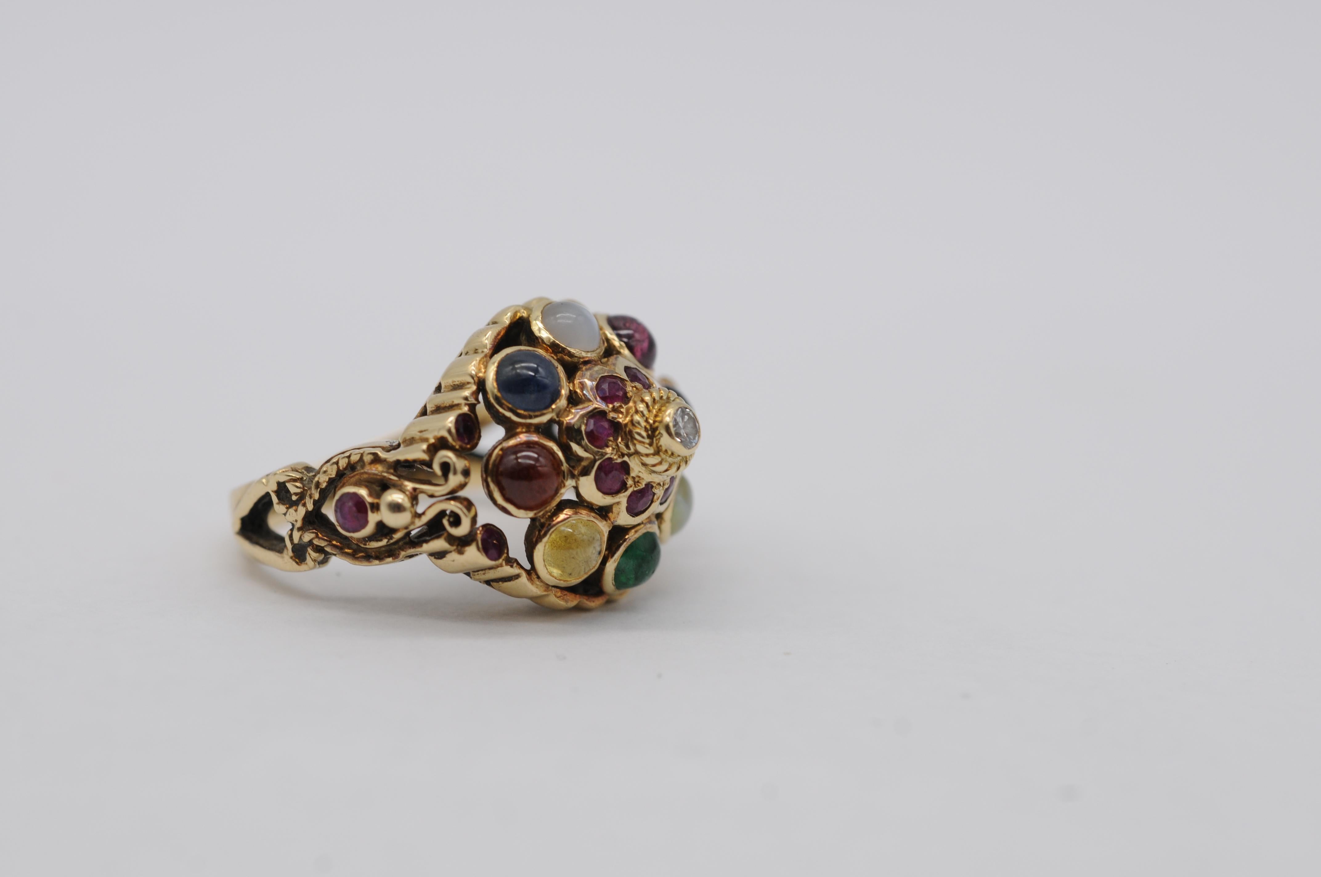 Intricate Oriental Ring with Cabochon Rubies, Sapphires, and Other Gemstones For Sale 3