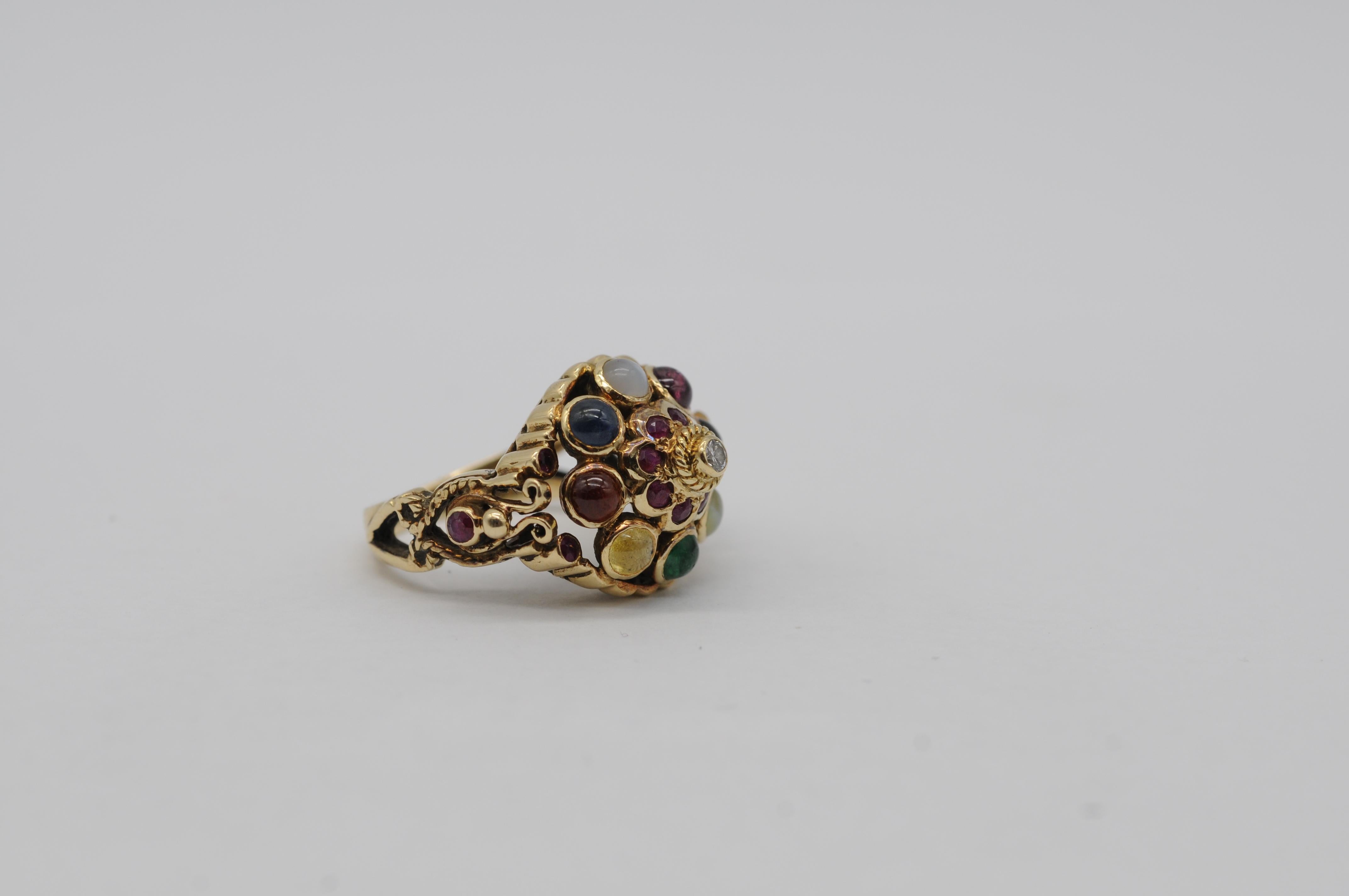 Intricate Oriental Ring with Cabochon Rubies, Sapphires, and Other Gemstones For Sale 4