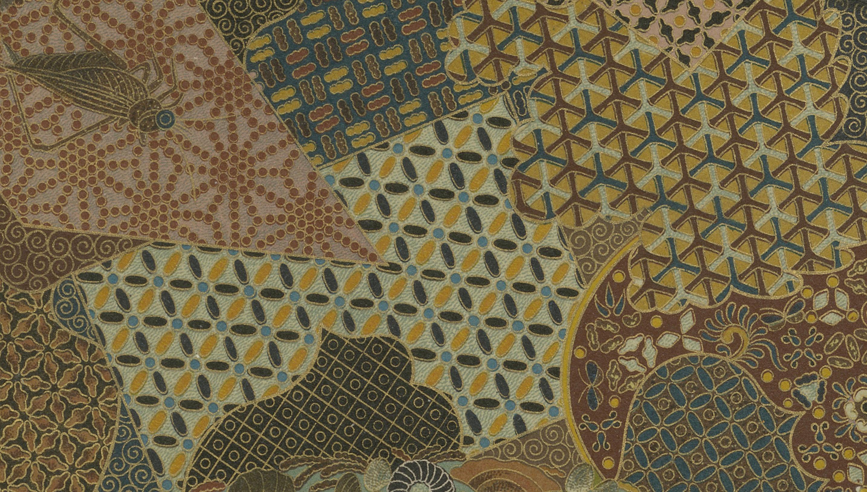 Title: Intricate Patterns of Japanese Fan Design – Plate IV from Section VII  

Description: This stunning chromolithograph, Plate IV from Section VII of G. A. Audsley’s decorative art series, showcases the intricate artistry of traditional Japanese