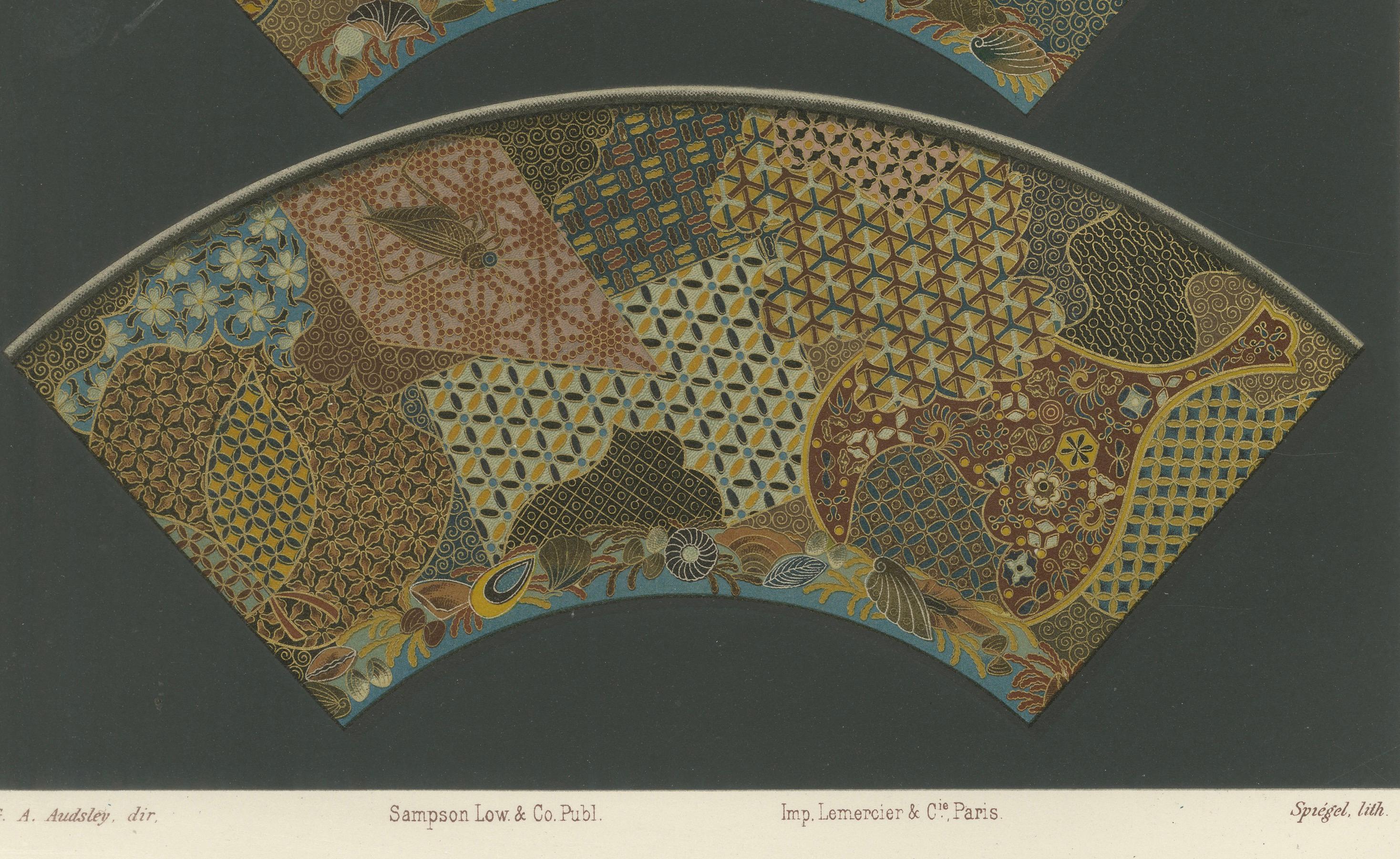 Intricate Patterns of Japanese Fan Design, from Audsley’s Decorative Art, 1884 In Good Condition For Sale In Langweer, NL