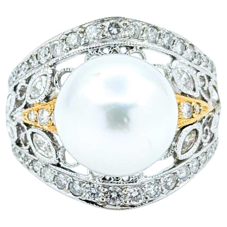 Intricate Pearl & Diamond Ring in 18k Two- Tone Gold