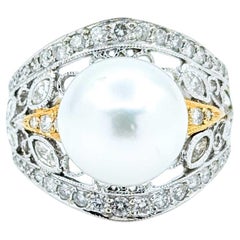 Intricate Pearl & Diamond Ring in 18k Two- Tone Gold