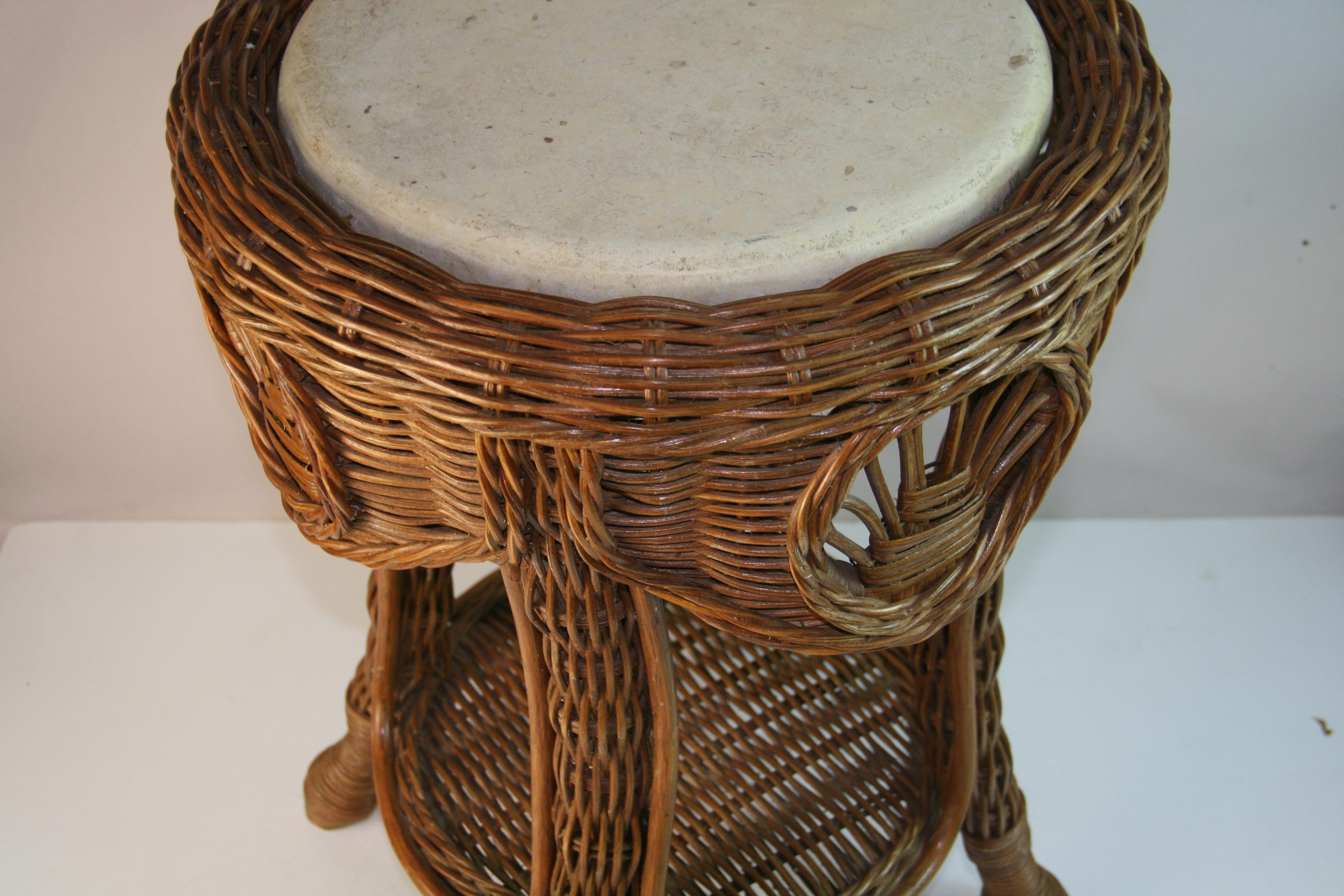 Intricate Rattan and Wicker Side/Center table with Travertine Marble Top For Sale 6