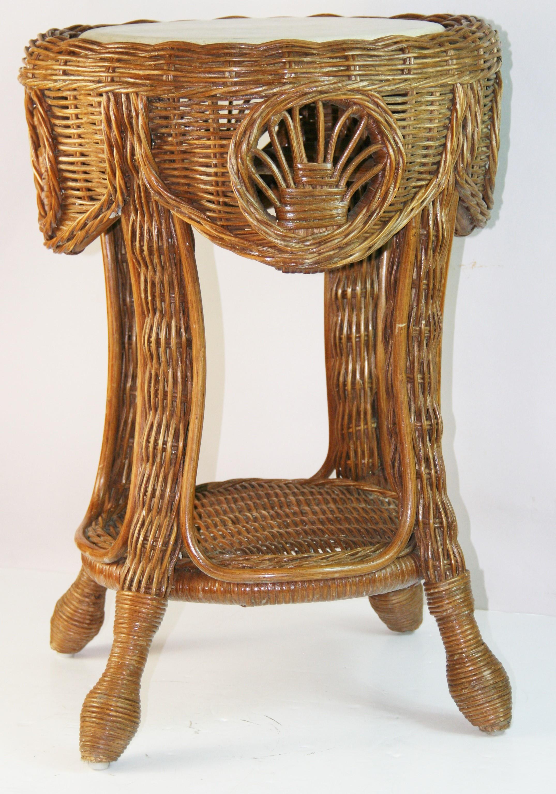 Intricate Rattan and Wicker Side/Center table with Travertine Marble Top For Sale 8