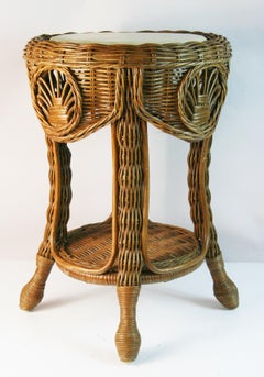 French Rattan and Wicker Braided  Side/Center table with Travertine Marble Top