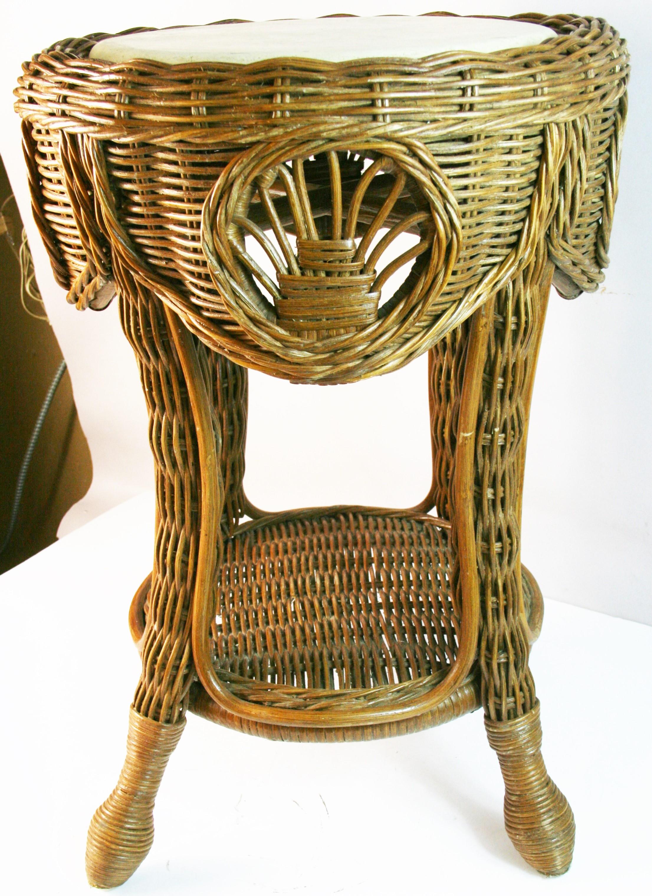 Mid-20th Century Intricate Rattan and Wicker Side/Center table with Travertine Marble Top For Sale