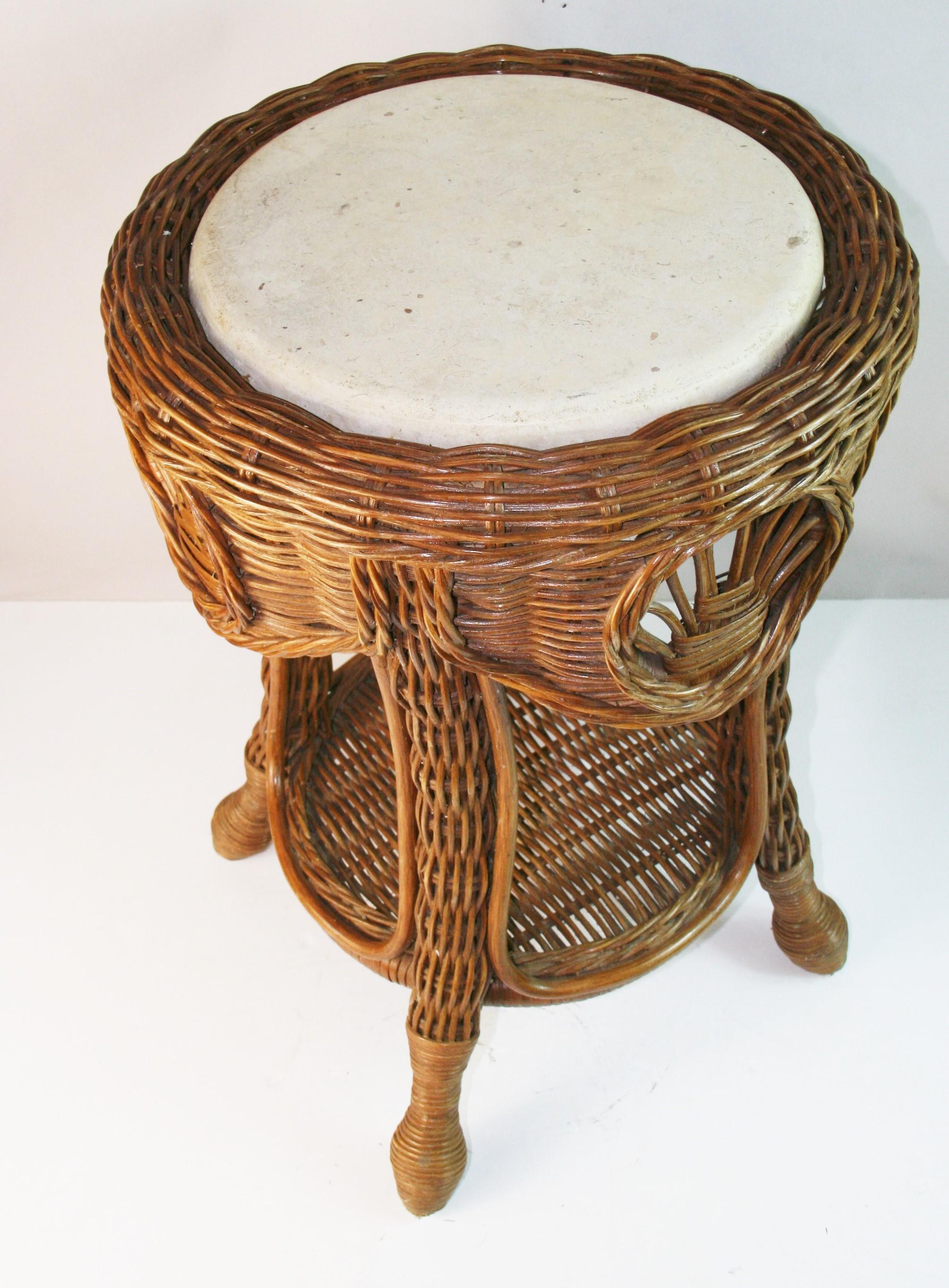 Intricate Rattan and Wicker Side/Center table with Travertine Marble Top For Sale 4