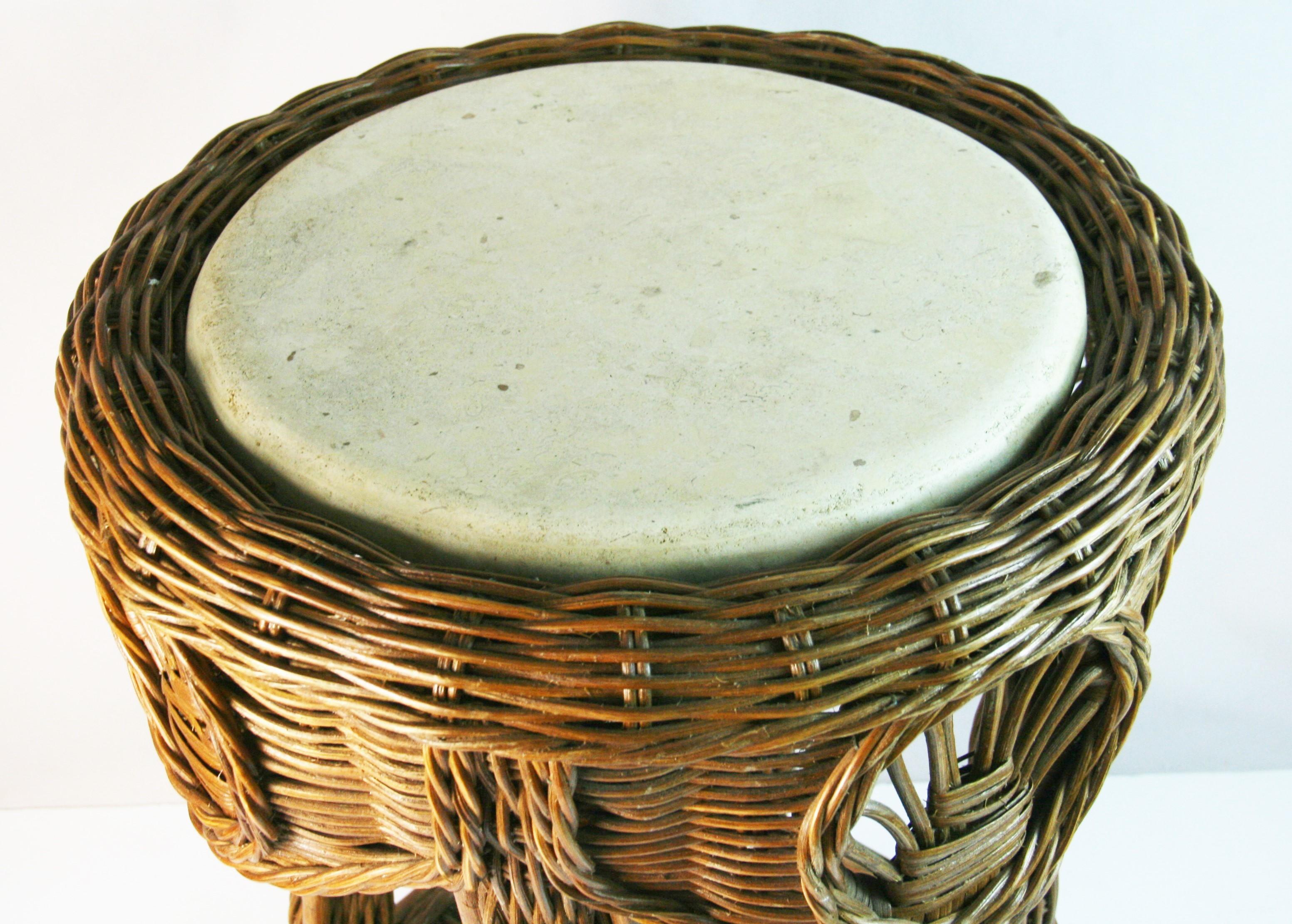 Intricate Rattan and Wicker Side/Center table with Travertine Marble Top For Sale 5