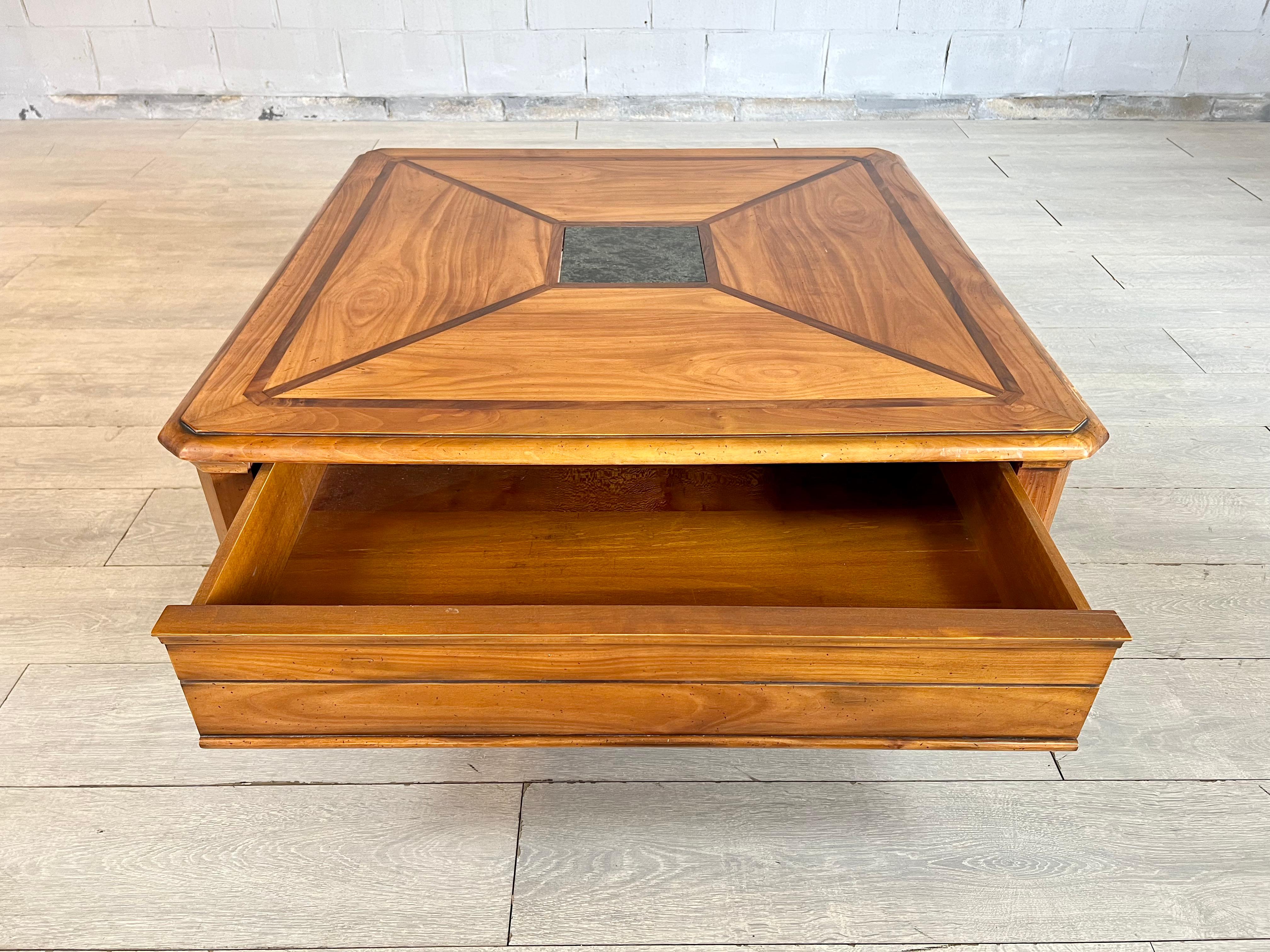 Intricate Swiss Square Coffee Table With Geometric Design and Marble Inlay For Sale 5