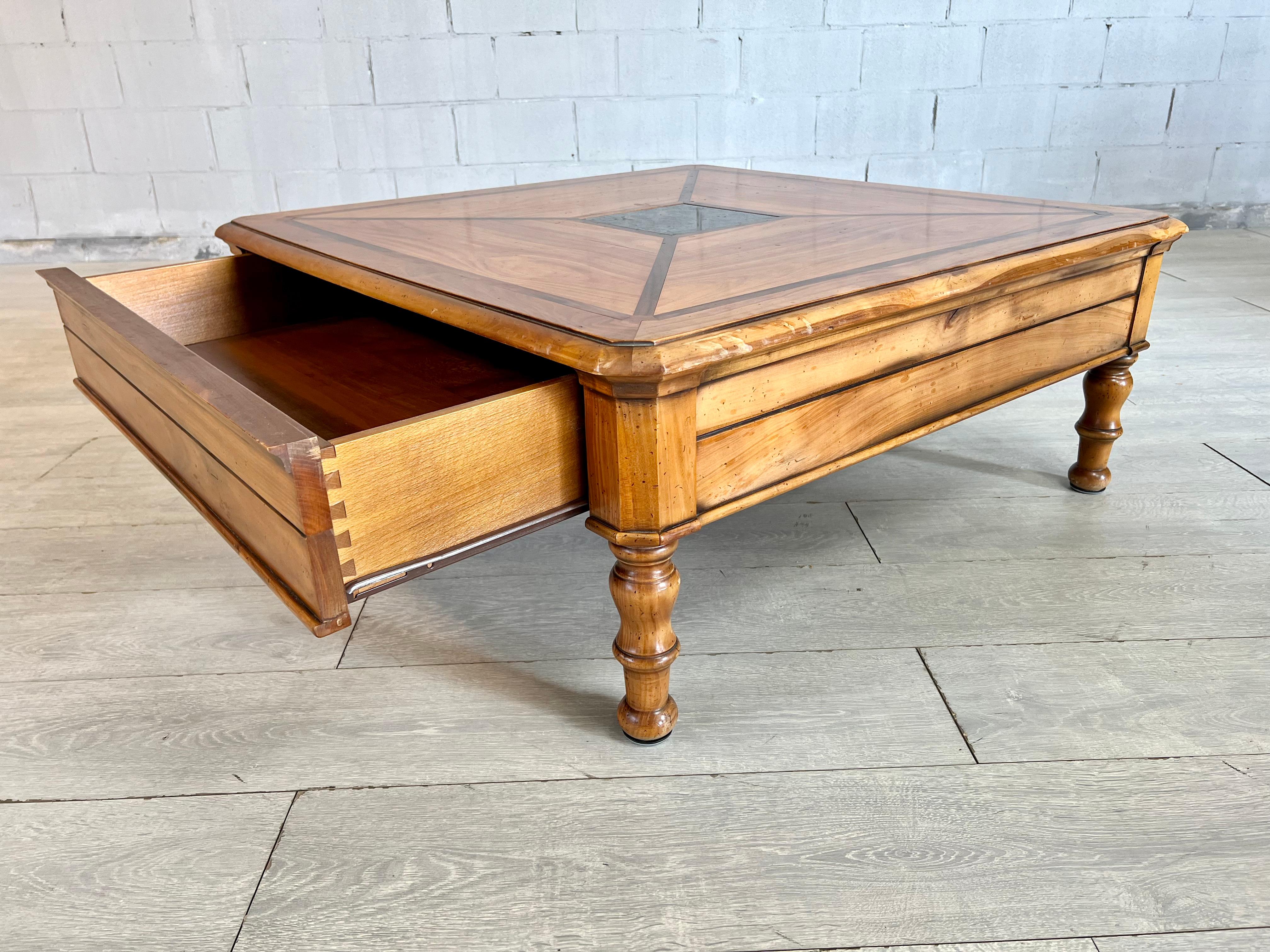 Intricate Swiss Square Coffee Table With Geometric Design and Marble Inlay In Good Condition For Sale In Bridgeport, CT