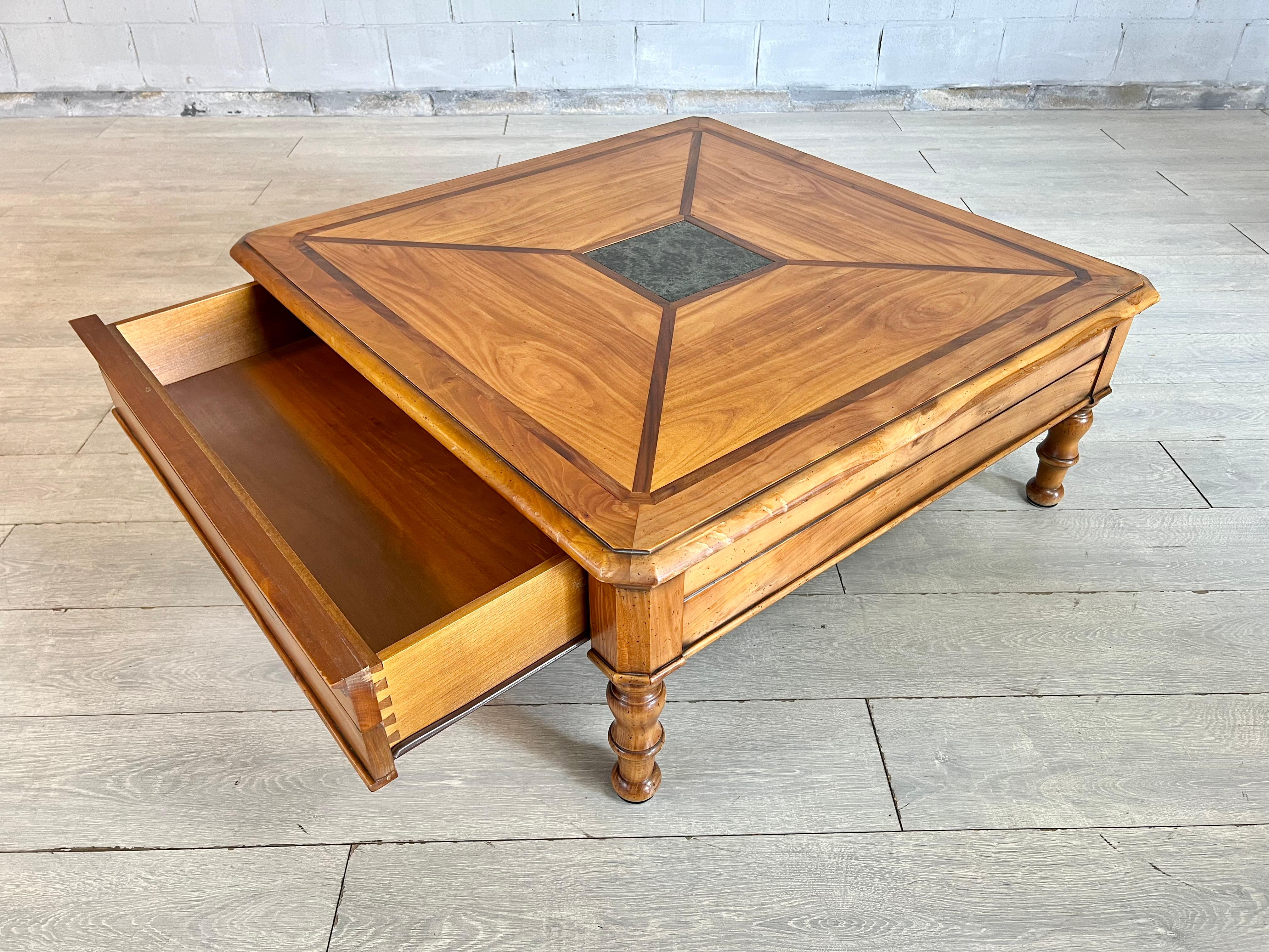 20th Century Intricate Swiss Square Coffee Table With Geometric Design and Marble Inlay For Sale