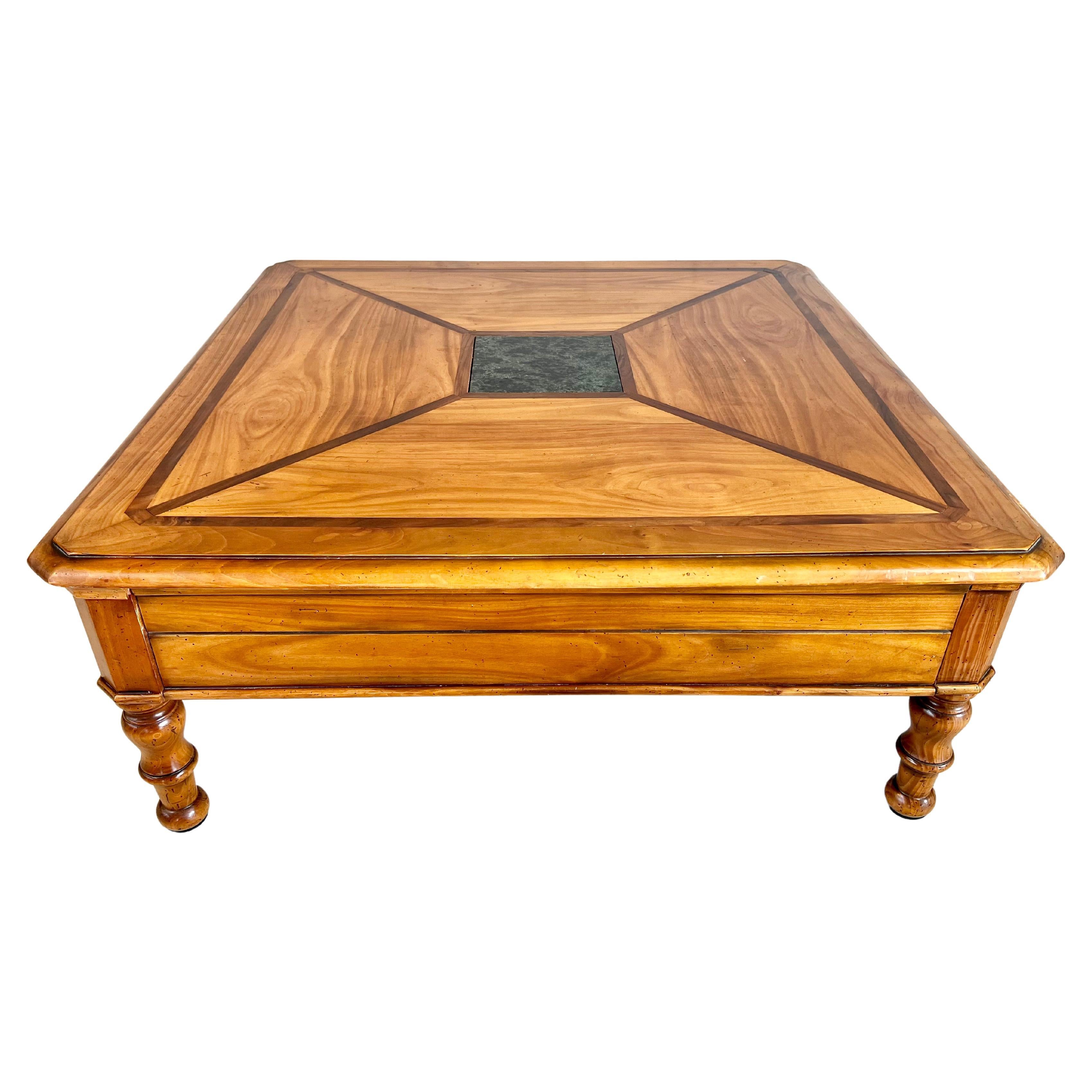 Intricate Swiss Square Coffee Table With Geometric Design and Marble Inlay For Sale