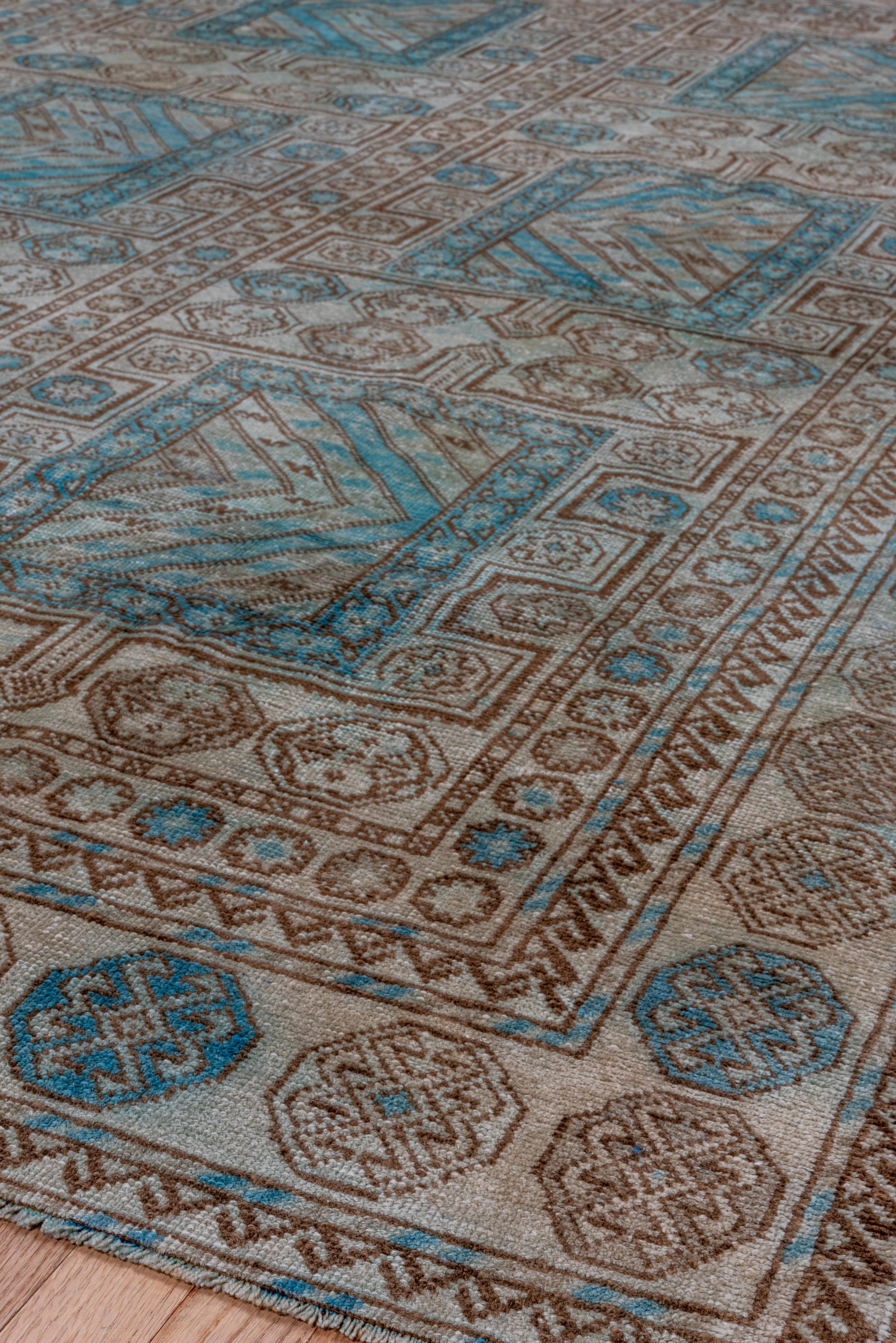 Intricate Symmetry: A Turkish Rug's Dance of Teal and Taupe in Geometric Splendo For Sale 1
