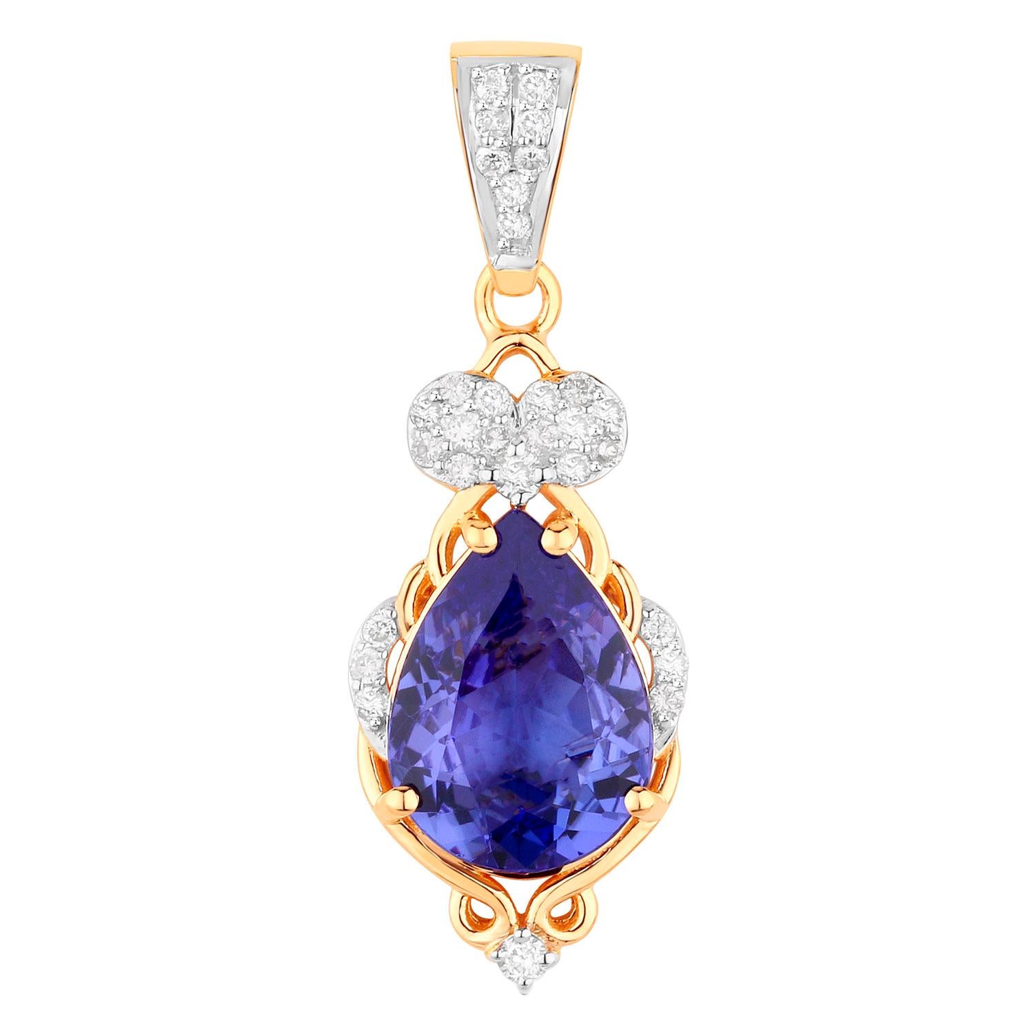 Pear Cut Intricate Tanzanite Pendant Necklace Diamond Setting 2.2 Carats Total 14K Gold For Sale