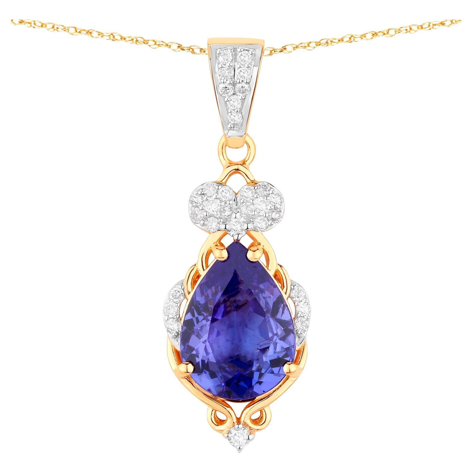 Intricate Tanzanite Pendant Necklace Diamond Setting 2.2 Carats Total 14K Gold