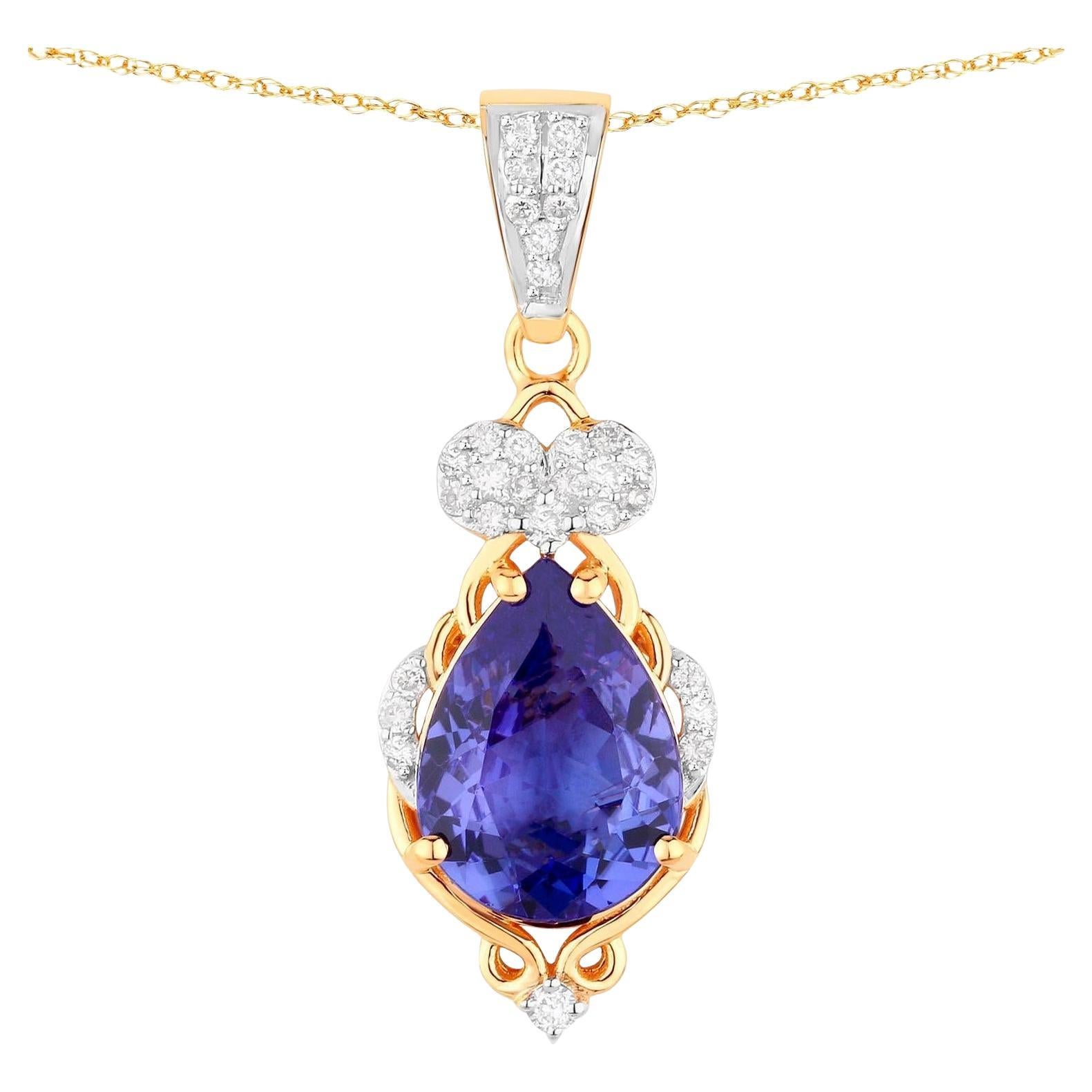 Intricate Tanzanite Pendant Necklace Diamond Setting 2.2 Carats Total 14K Gold