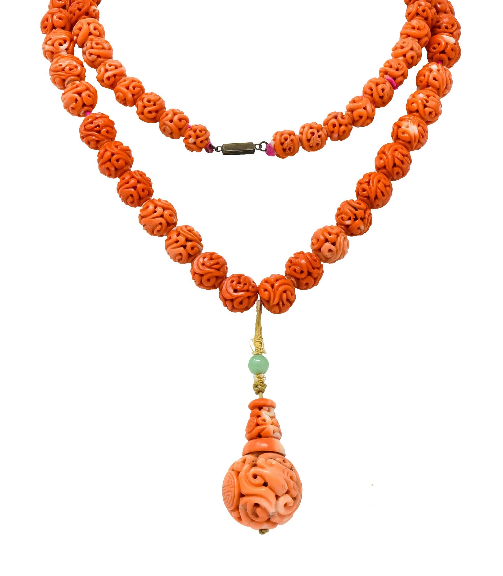Intricate Victorian Carved Coral Jade Seed Pearl Silk Dragon Drop Necklace 2