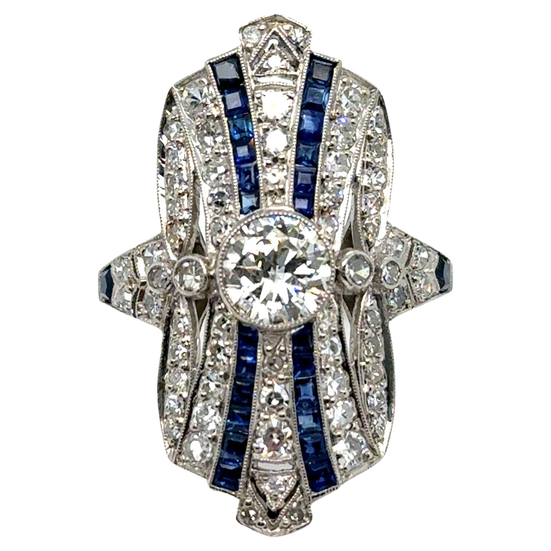 Intricate Vintage Platinum Diamond and Sapphire Art Deco Engagement Ring 2.50ct For Sale