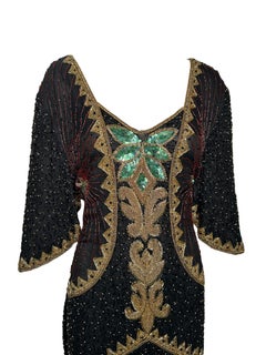 Intricately Beaded Silk Holiday Gown with Back Sash, Plus Size, 1980s