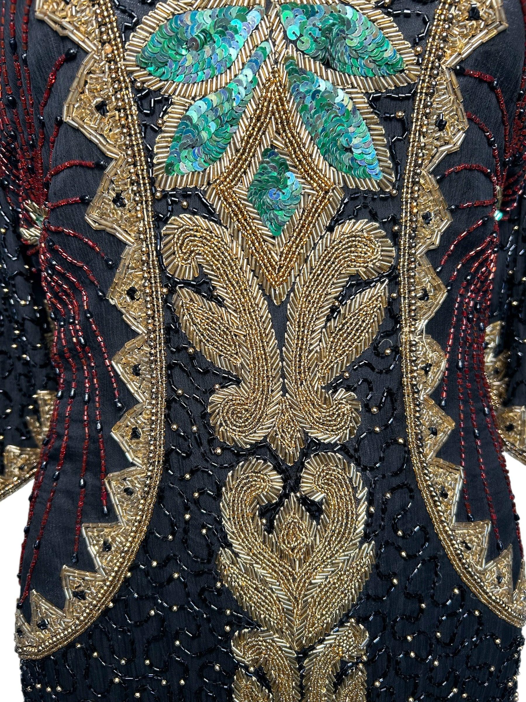 Aufwändig perlenbesetztes Seidenkleid mit Rückenschärpe, Plus Size, 1980er Jahre (Schwarz) im Angebot