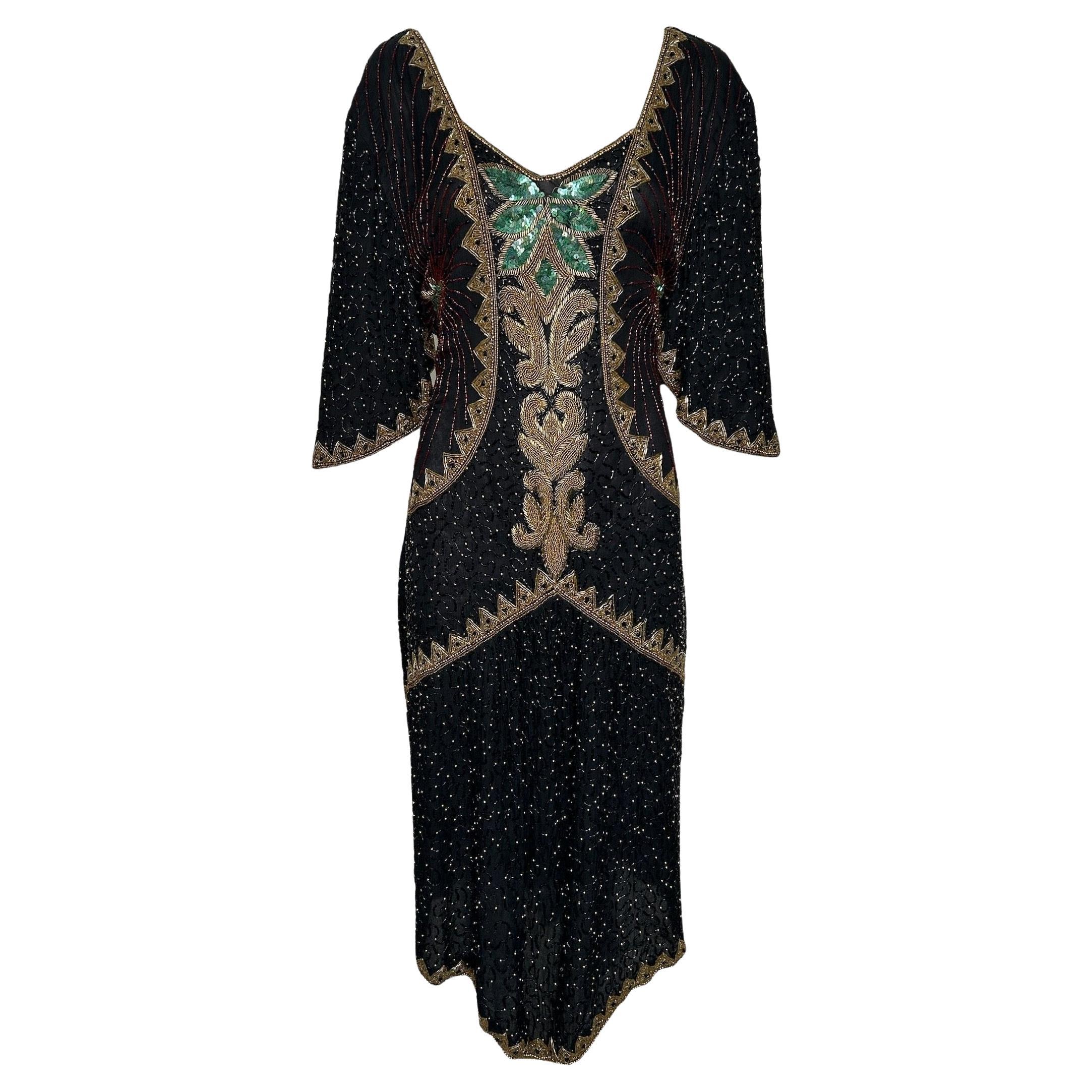 Aufwändig perlenbesetztes Seidenkleid mit Rückenschärpe, Plus Size, 1980er Jahre