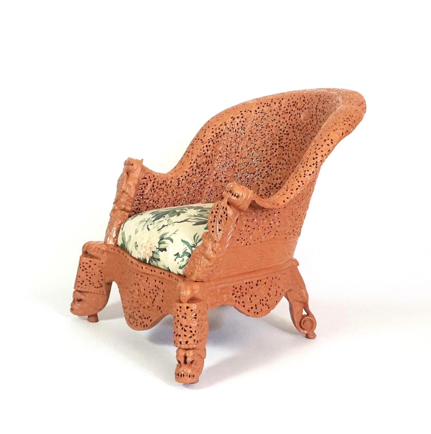 Anglo-Burmese Intricately Carved and Painted Teak Armchair, circa 1880 For Sale 1