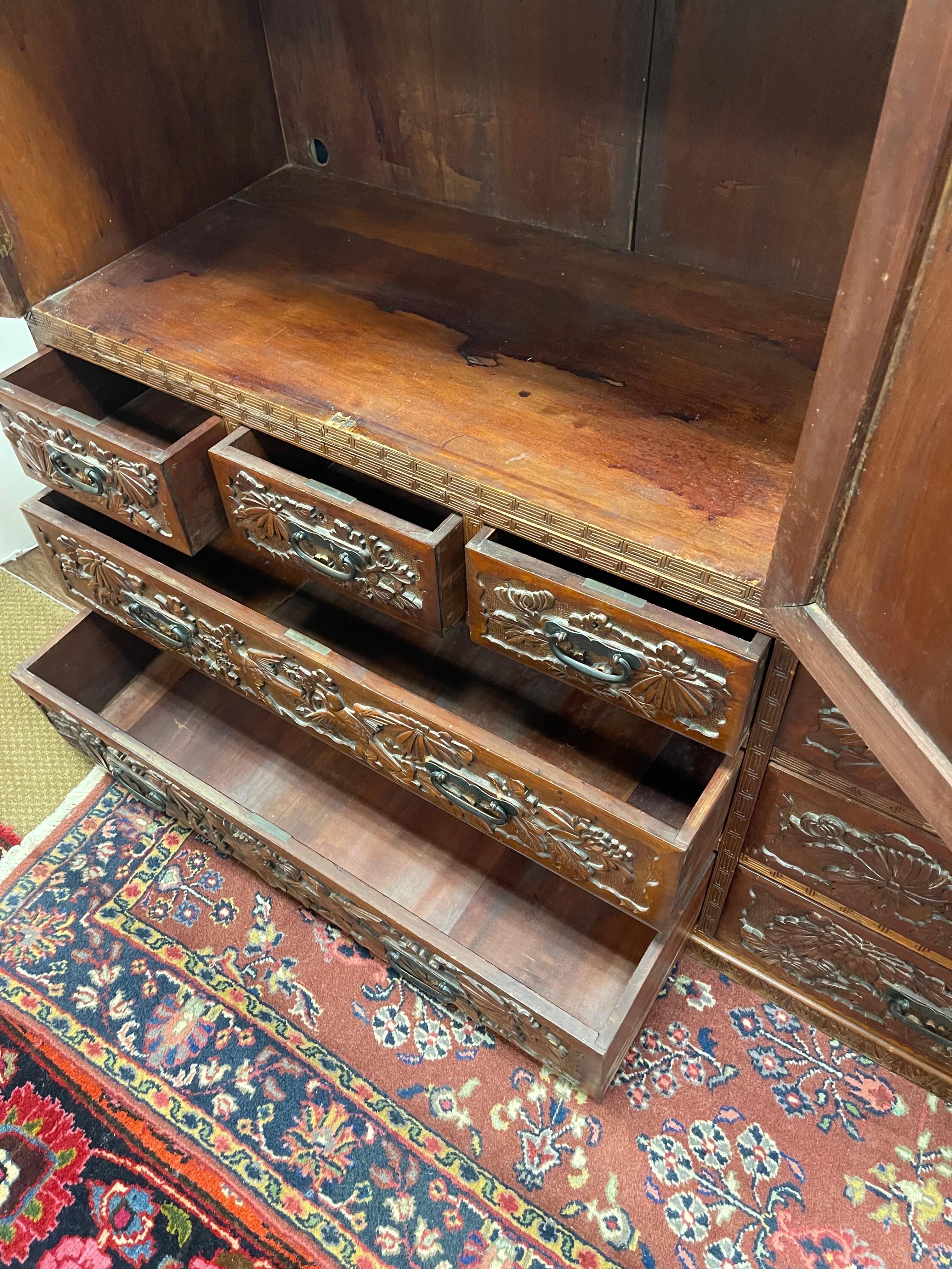 Intricately Carved Antique Asian Two-Piece Cabinet For Sale 3