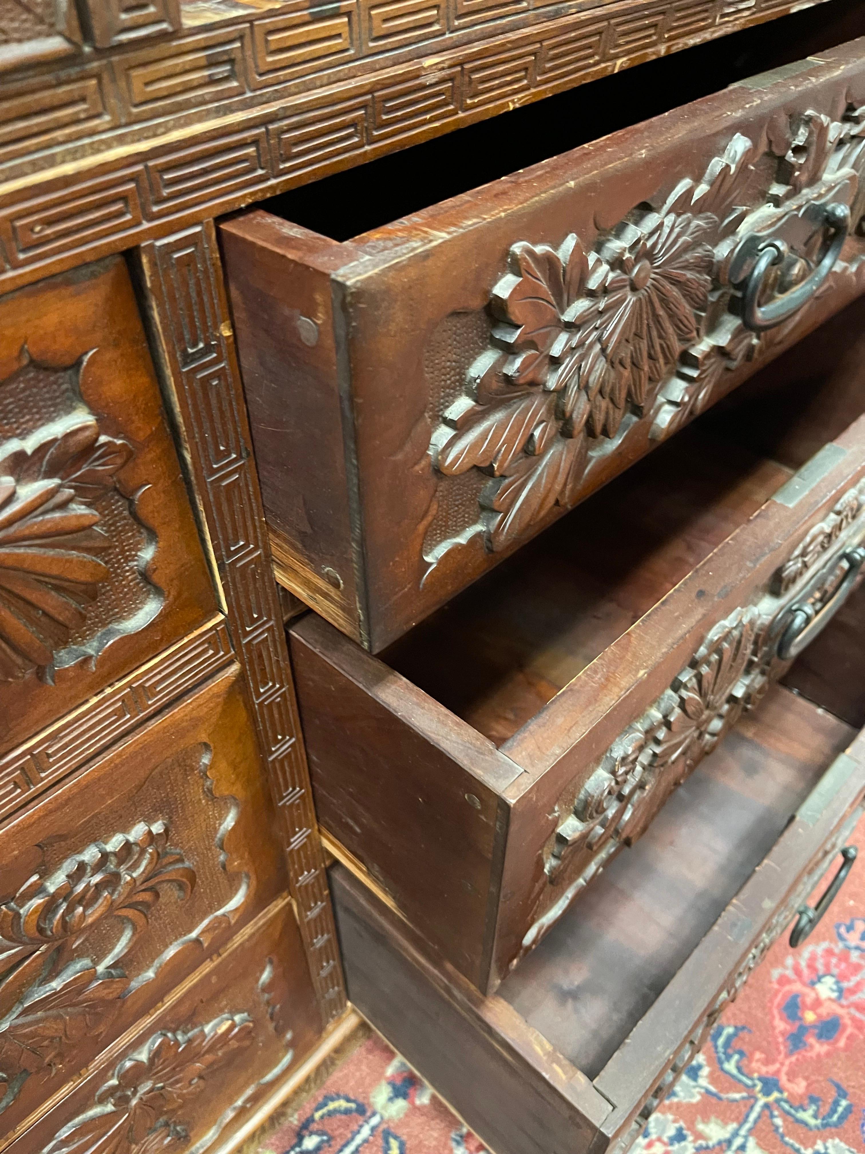 Intricately Carved Antique Asian Two-Piece Cabinet For Sale 5
