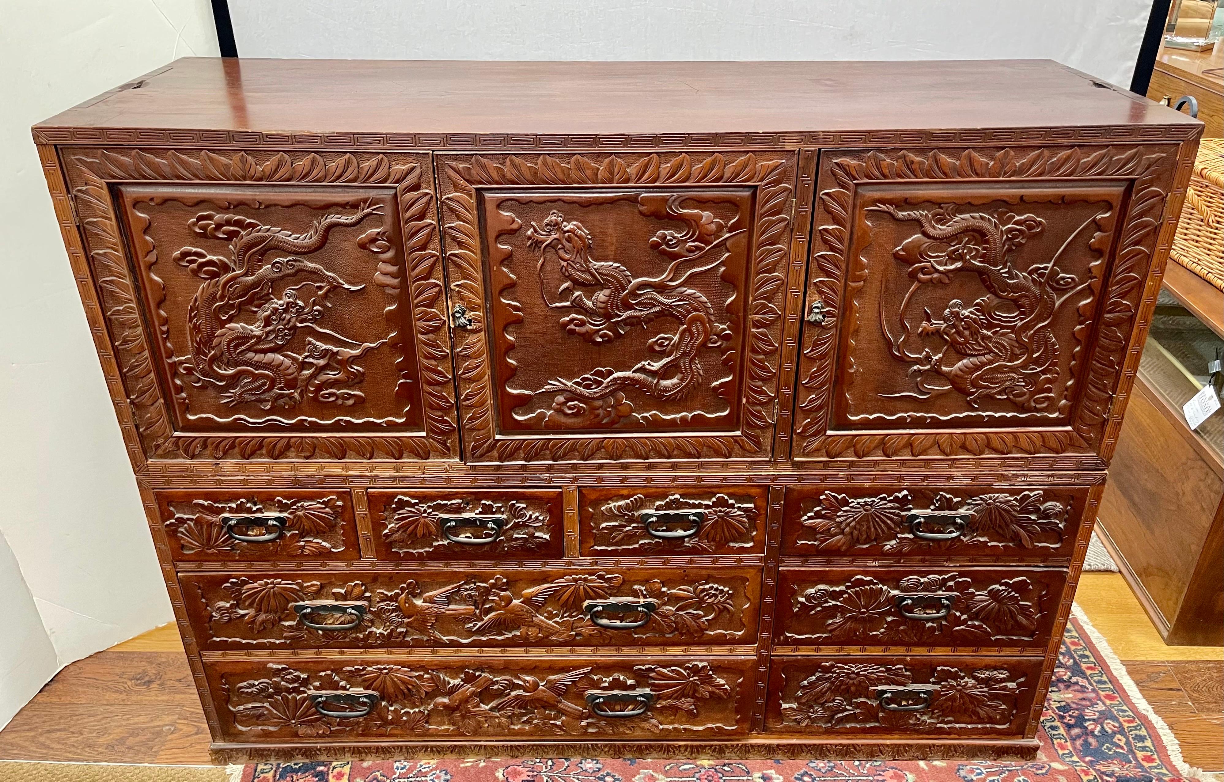 Chinese Export Intricately Carved Antique Asian Two-Piece Cabinet For Sale