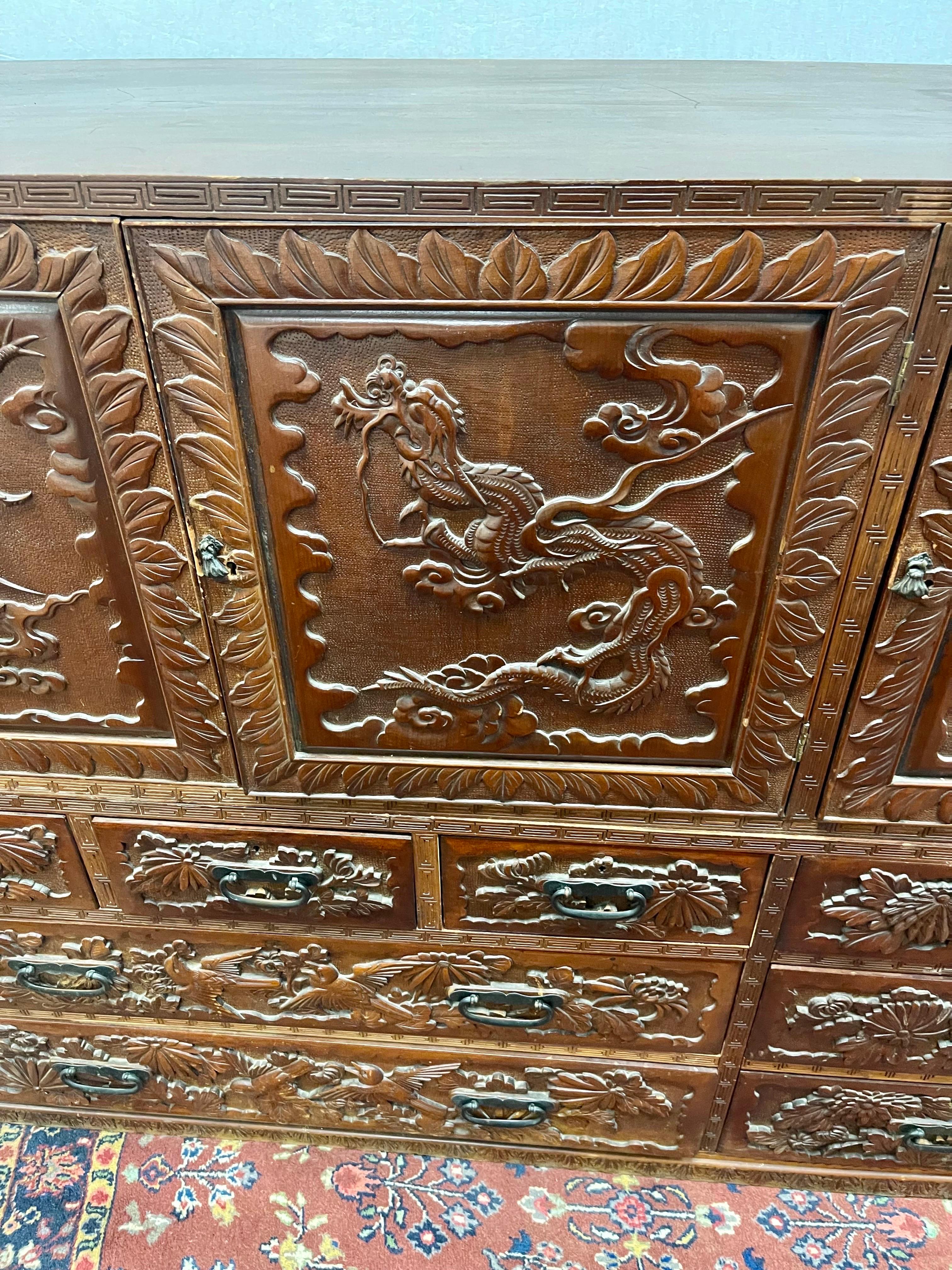Chinese Intricately Carved Antique Asian Two-Piece Cabinet For Sale