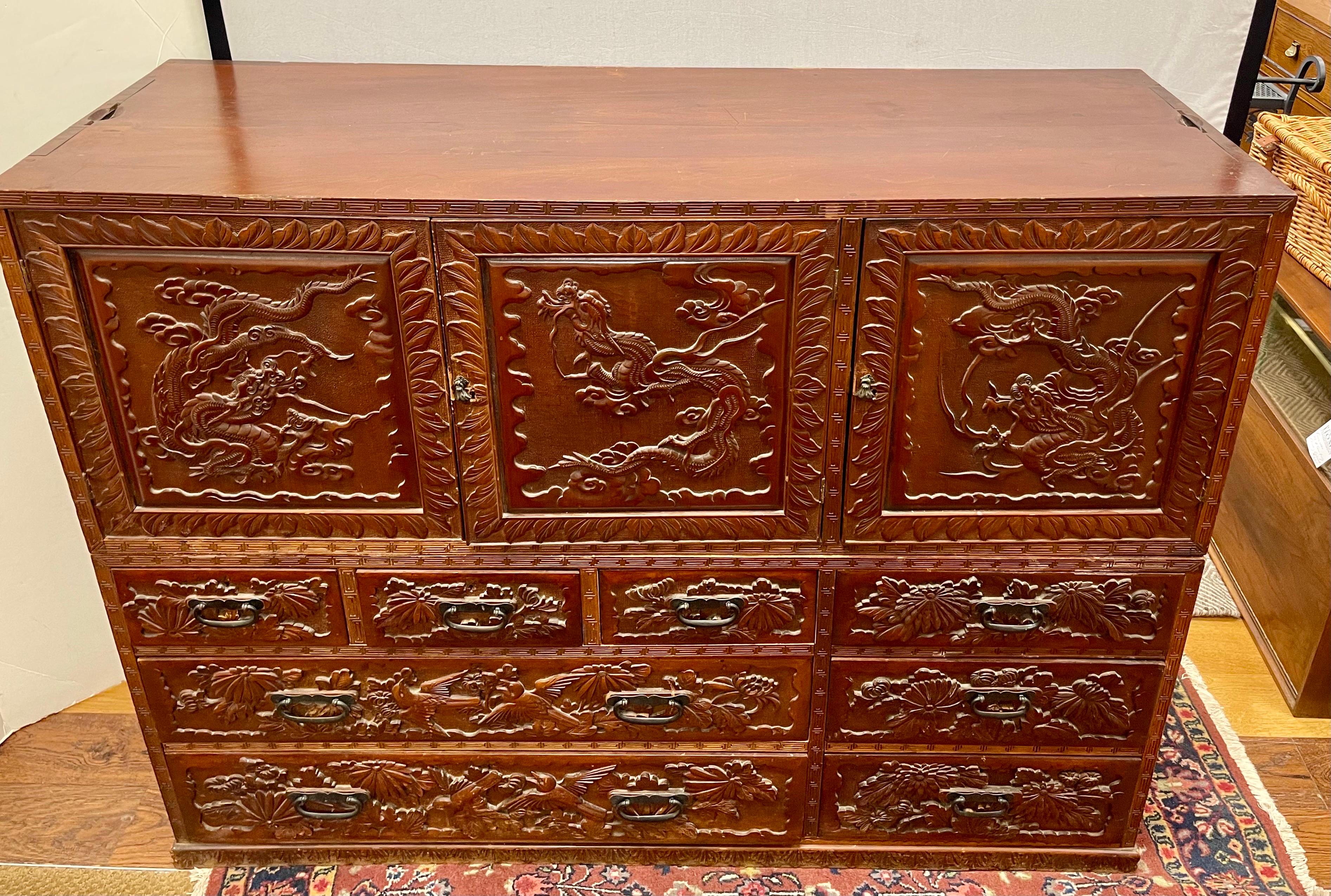 Intricately Carved Antique Asian Two-Piece Cabinet In Good Condition For Sale In West Hartford, CT