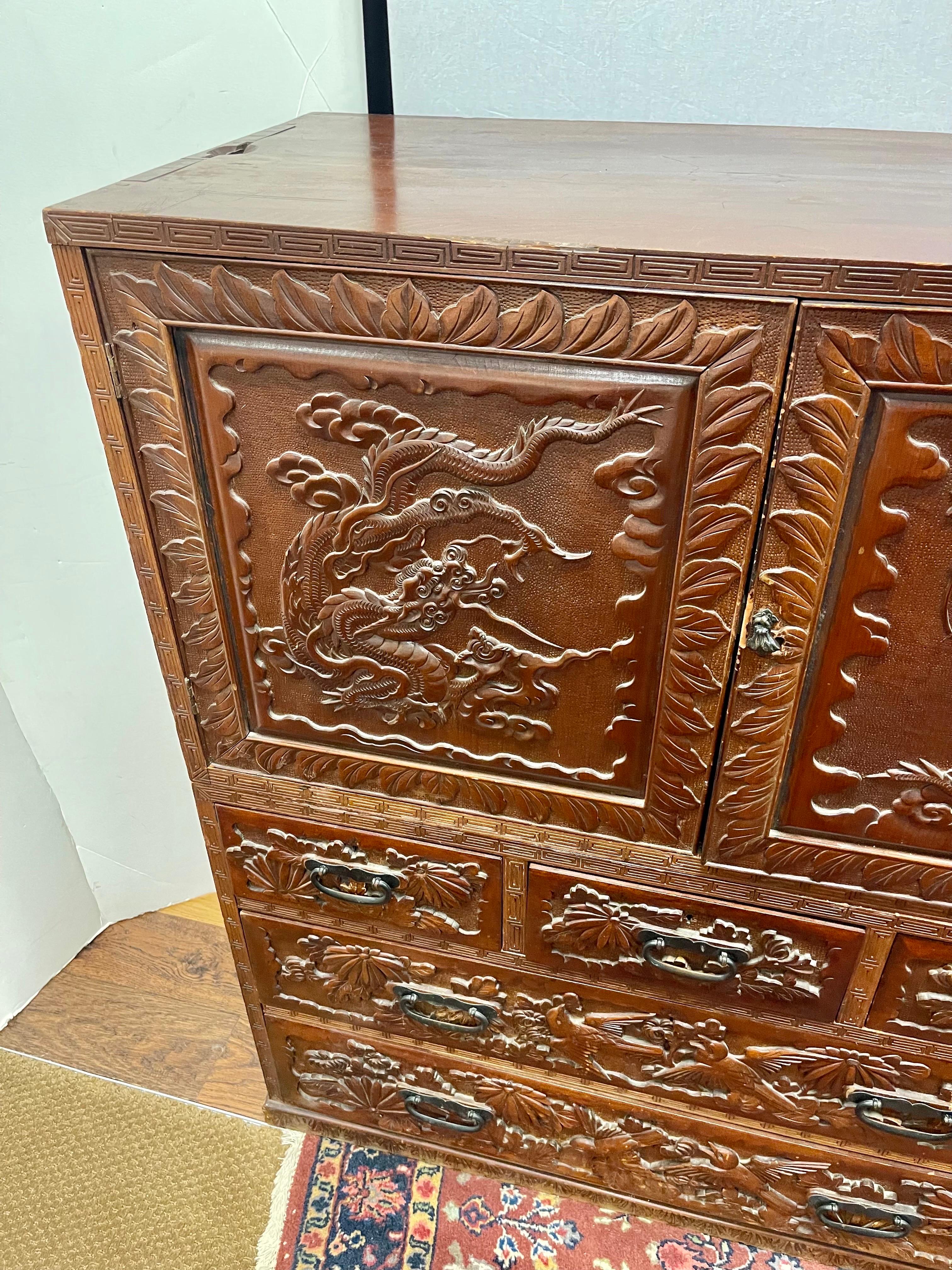 19th Century Intricately Carved Antique Asian Two-Piece Cabinet For Sale