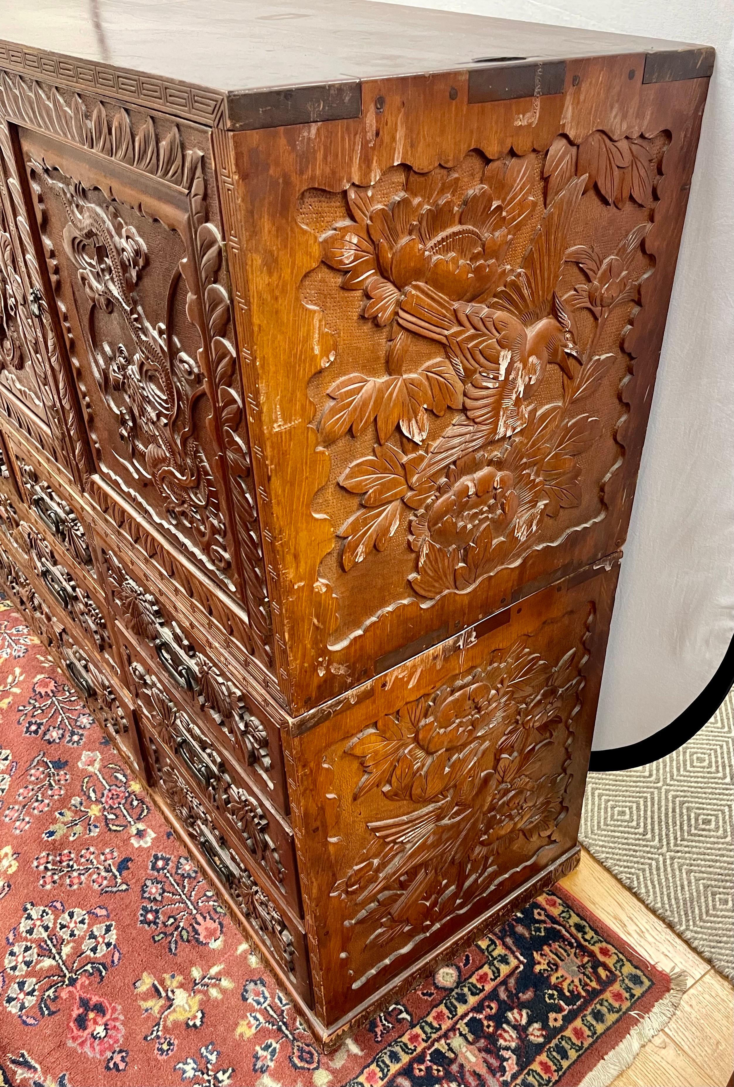 Wood Intricately Carved Antique Asian Two-Piece Cabinet For Sale