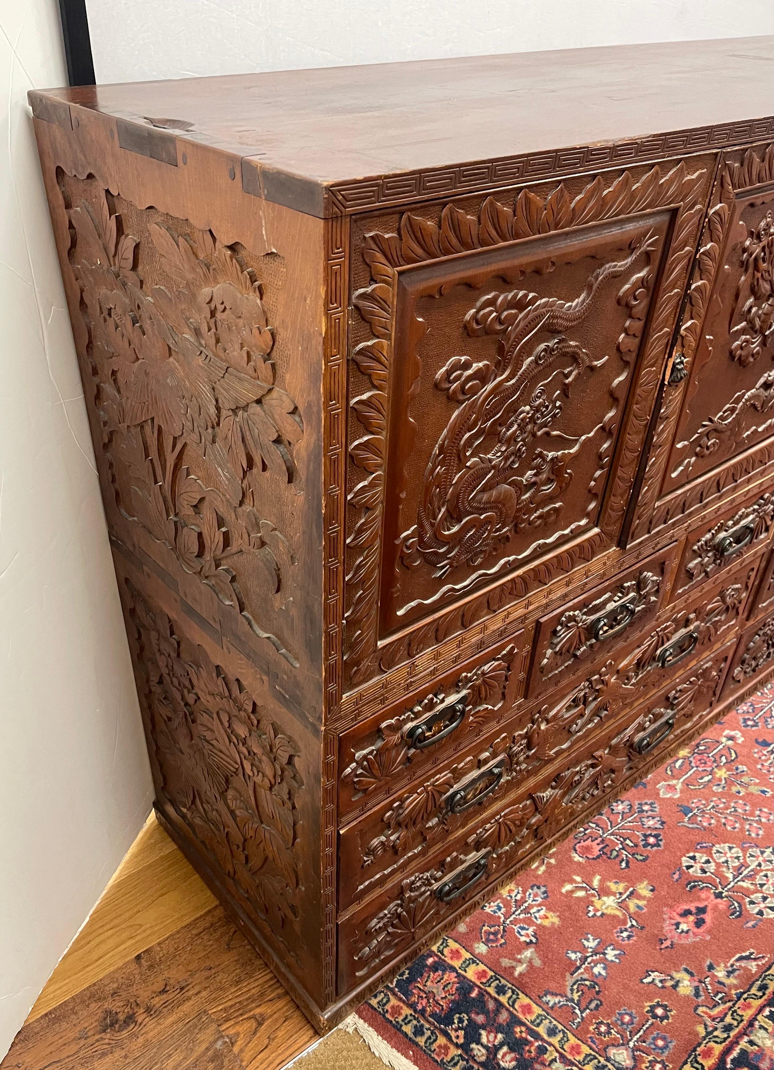 Intricately Carved Antique Asian Two-Piece Cabinet For Sale 2