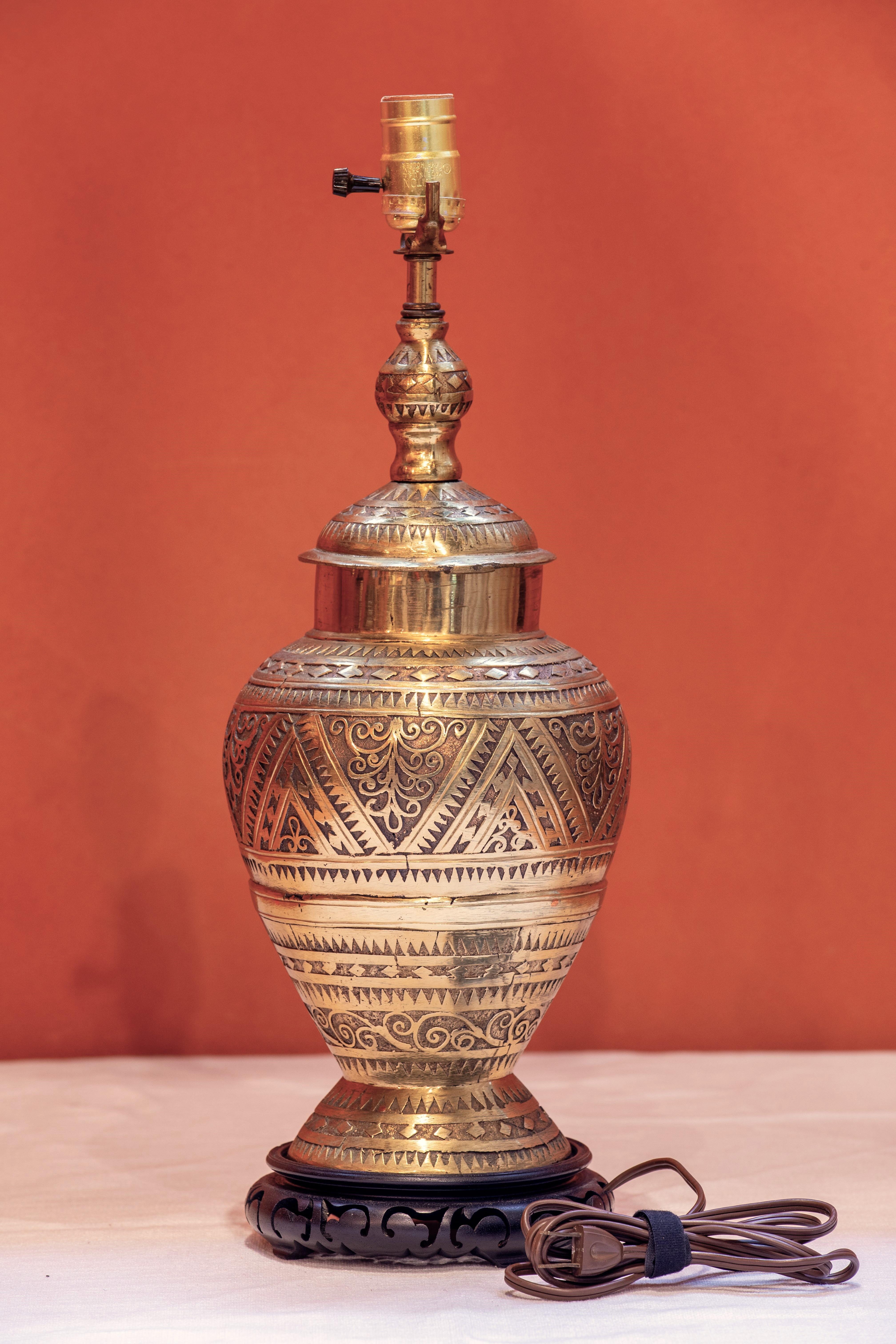 Bohemian Intricately Carved High Quality Heavy-Weight BronzeTable Lamp with  Wood Base
