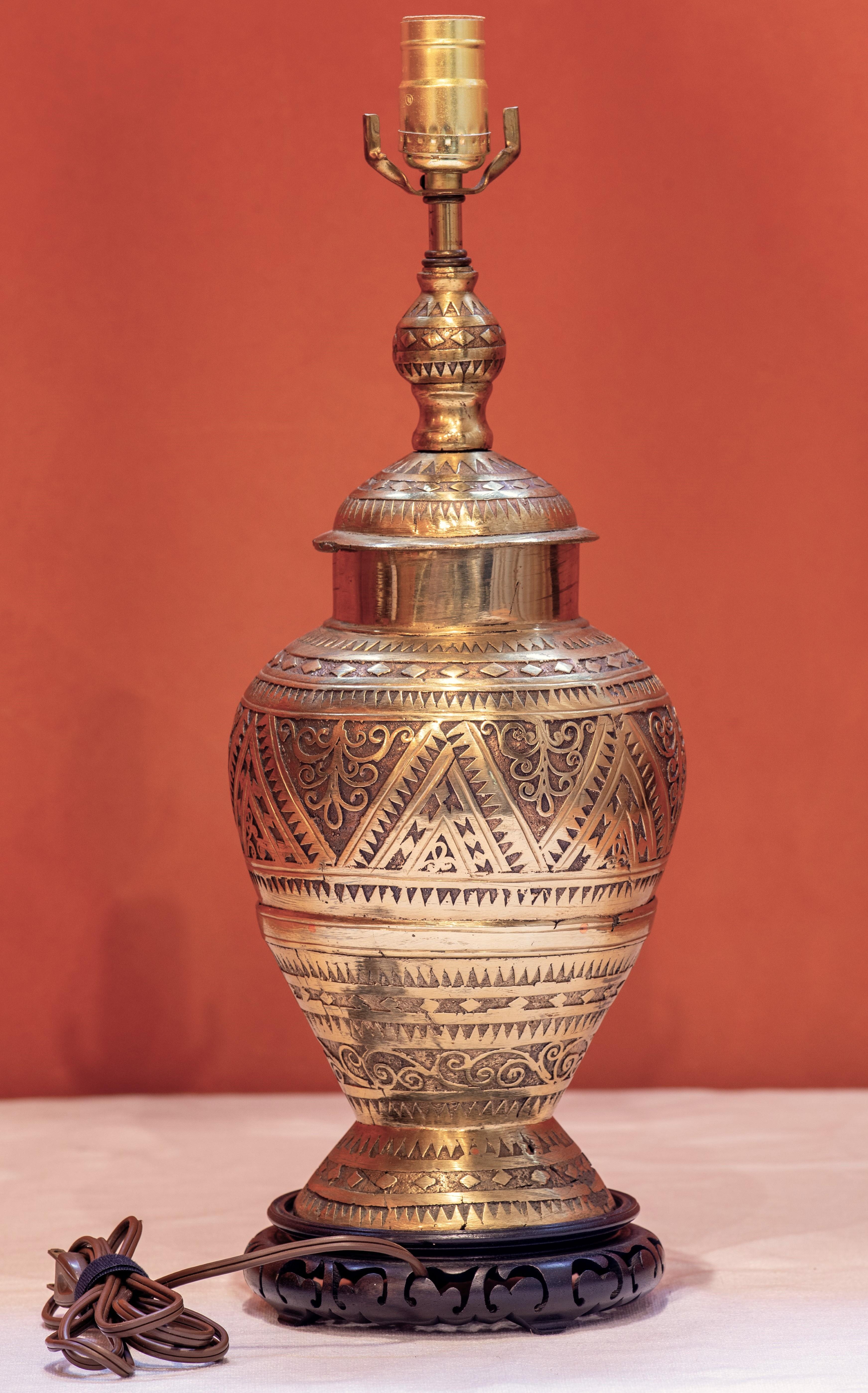 Indian Intricately Carved High Quality Heavy-Weight BronzeTable Lamp with  Wood Base