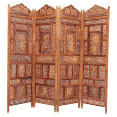 Intricately Carved & Inlaid Moroccan Teak 4 Panel Dual Sided Screen