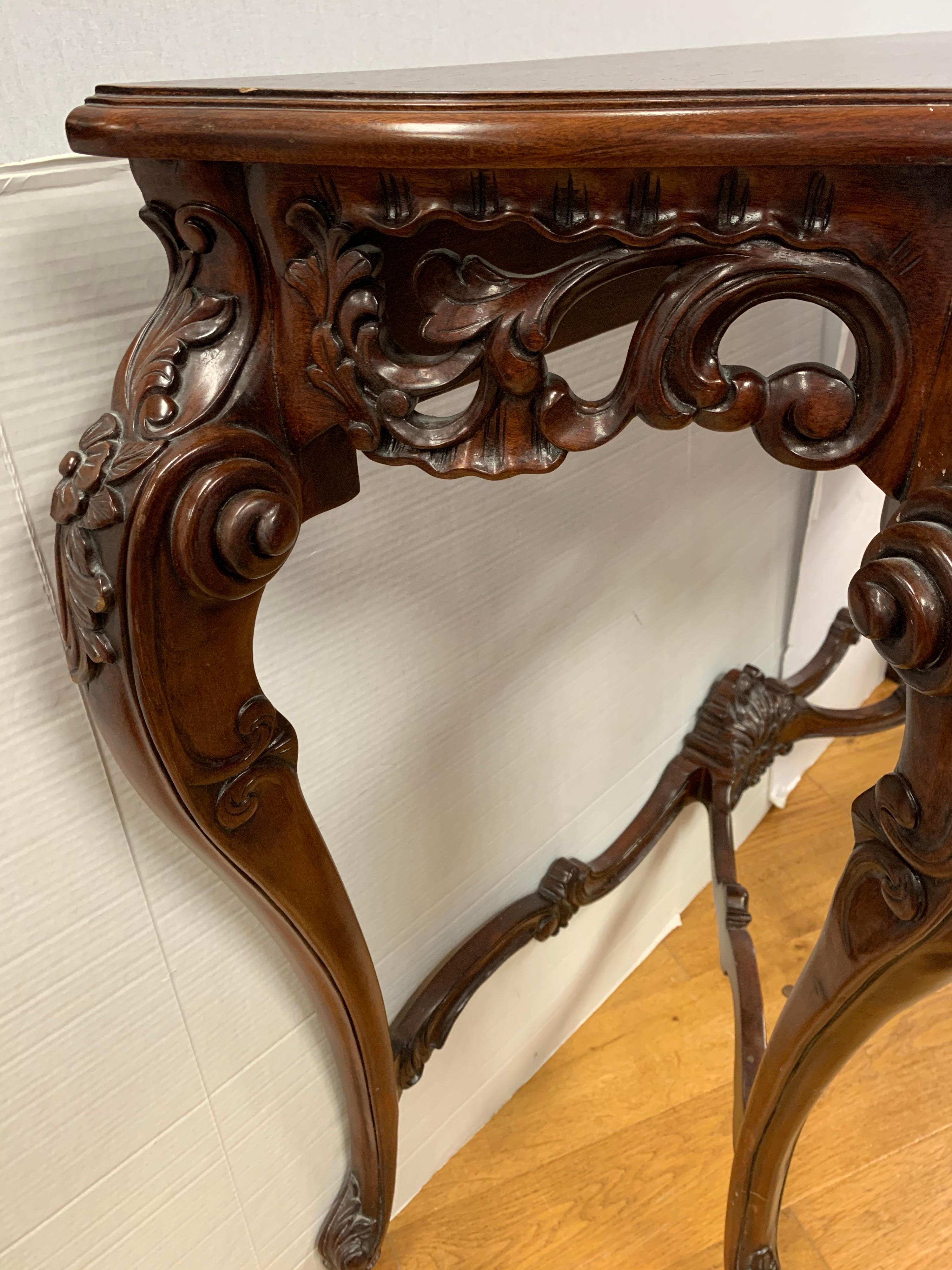 Walnut French Rococo Carved Entry Console Demilune Table