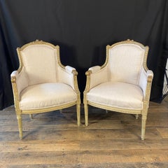 Intricately Carved Pair of Newly Upholstered Louis XVI Bergeres