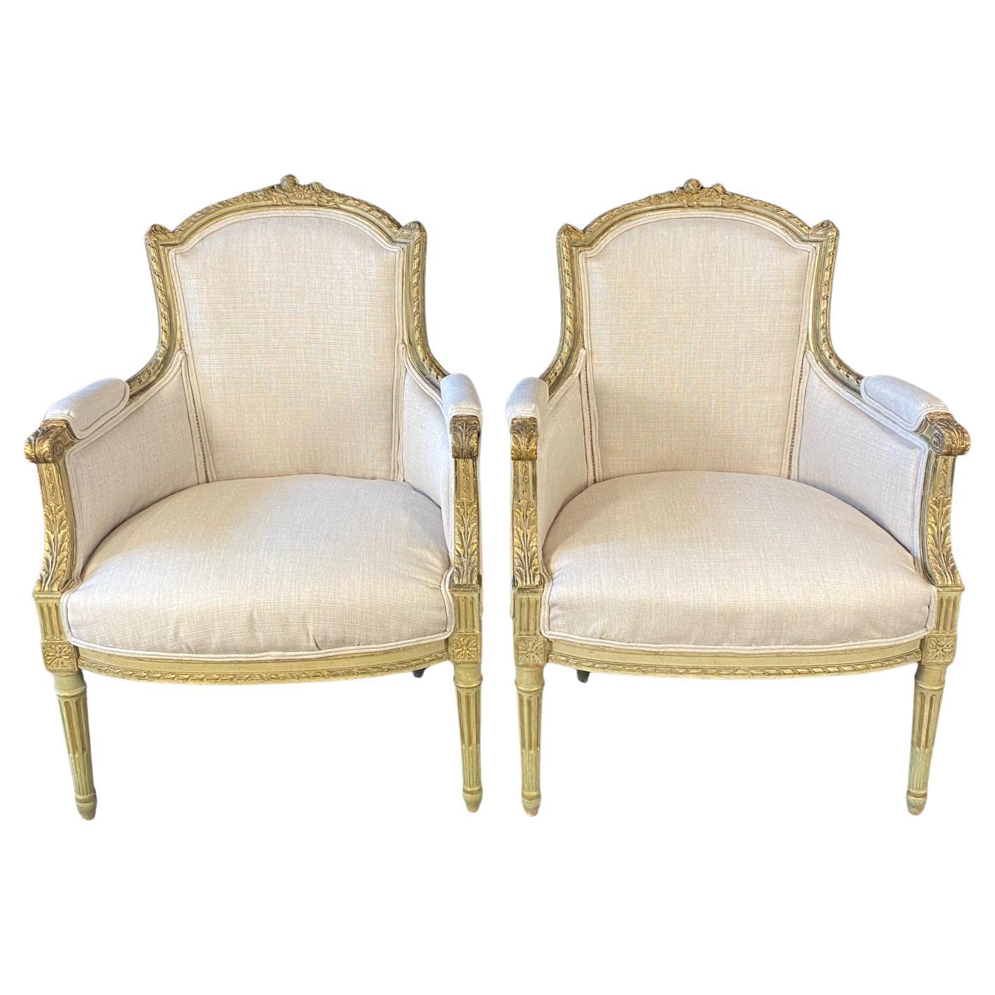 Intricately Carved Pair of Newly Upholstered Louis XVI Bergeres