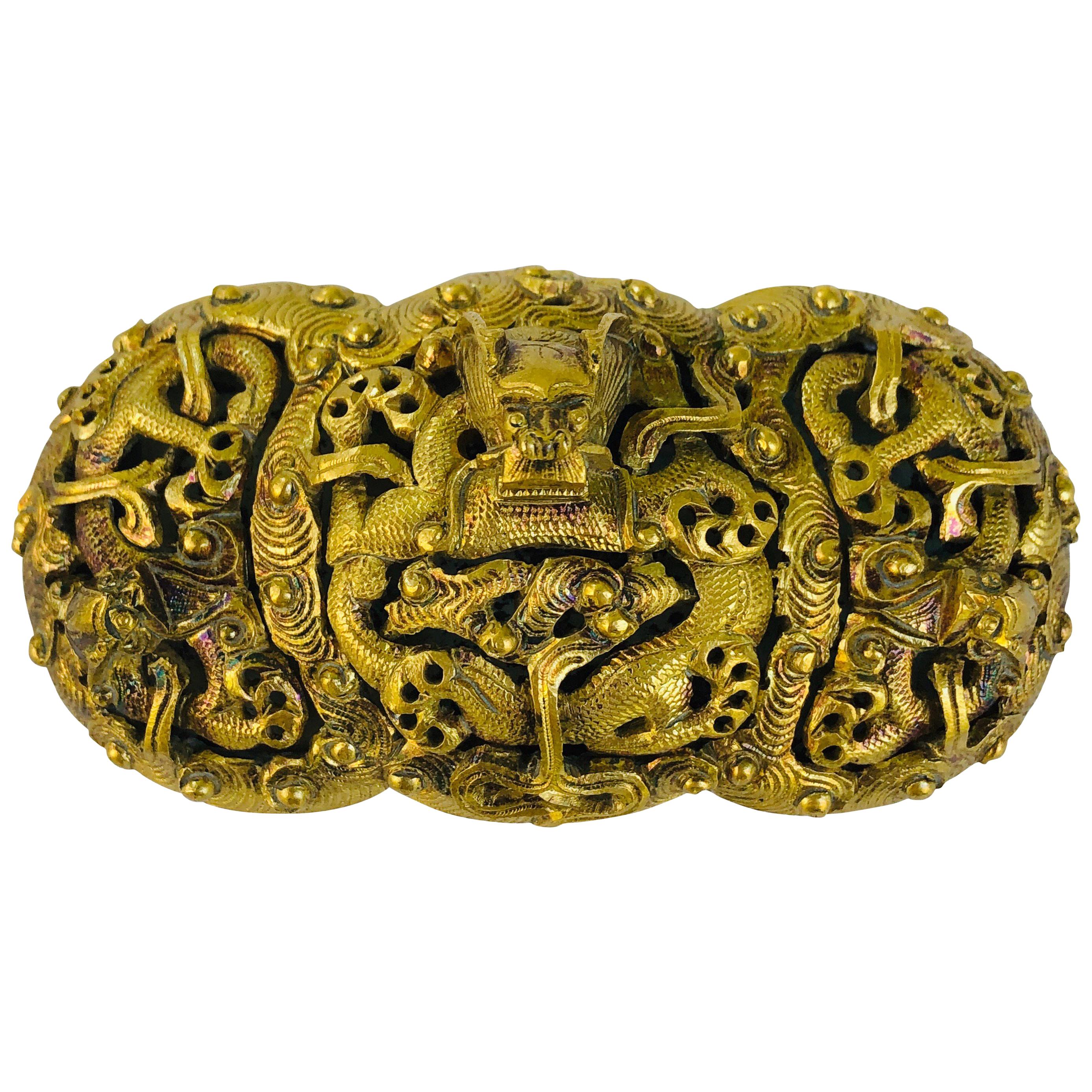 Intricately Carved Vintage Chinese Brass Belt Buckle For Sale at 1stDibs