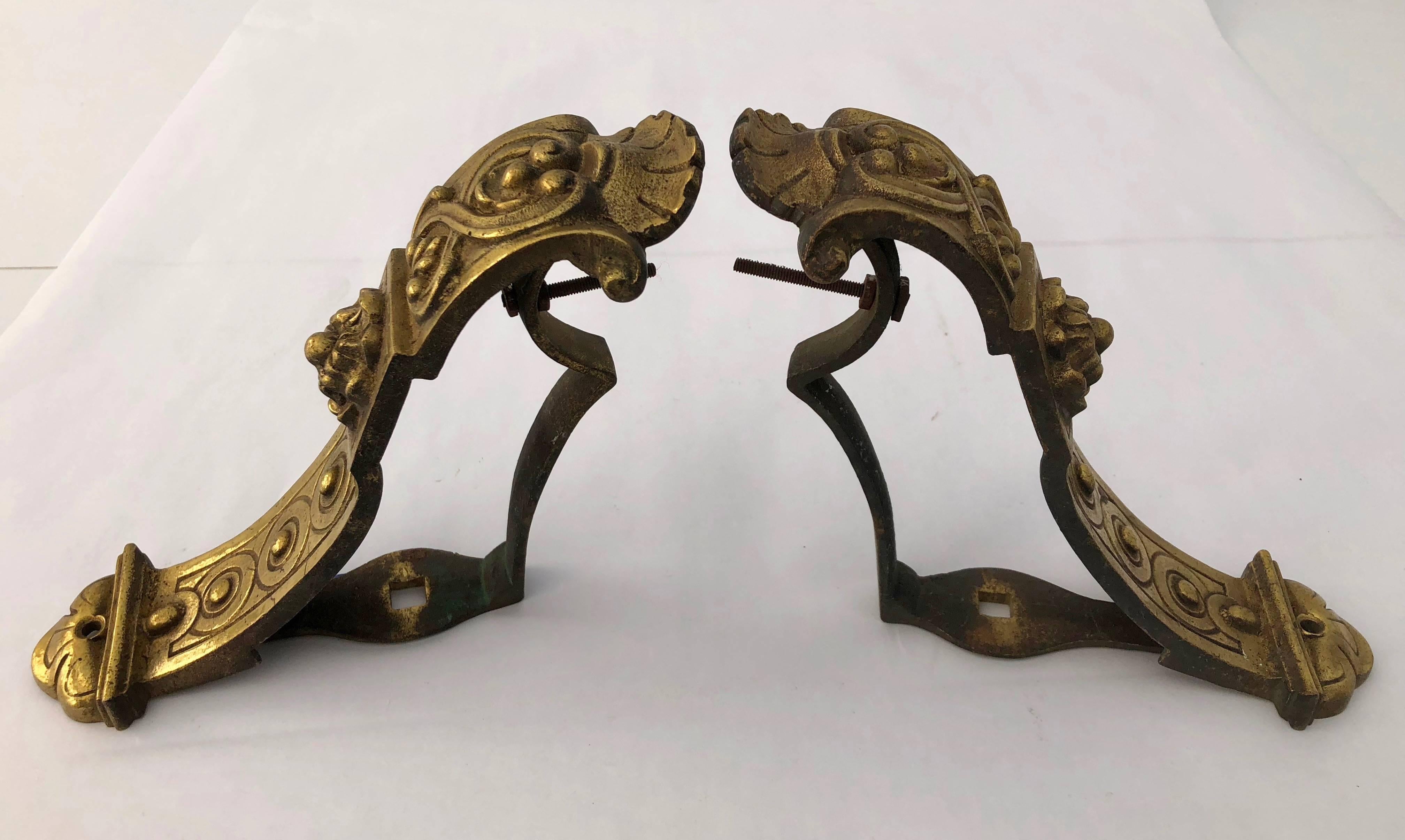 Napoleon III Intricately Detailed French Brass Very Heavy Curtain Rod Brackets, Set of Two For Sale