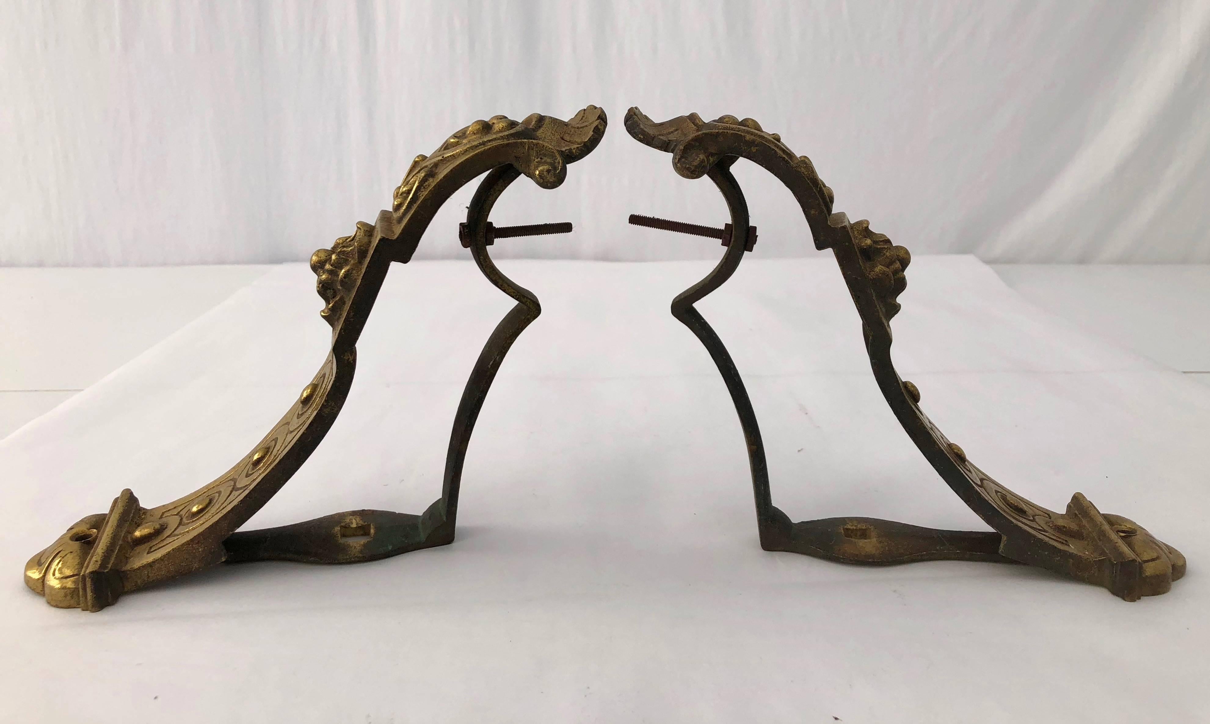 19th Century Intricately Detailed French Brass Very Heavy Curtain Rod Brackets, Set of Two For Sale
