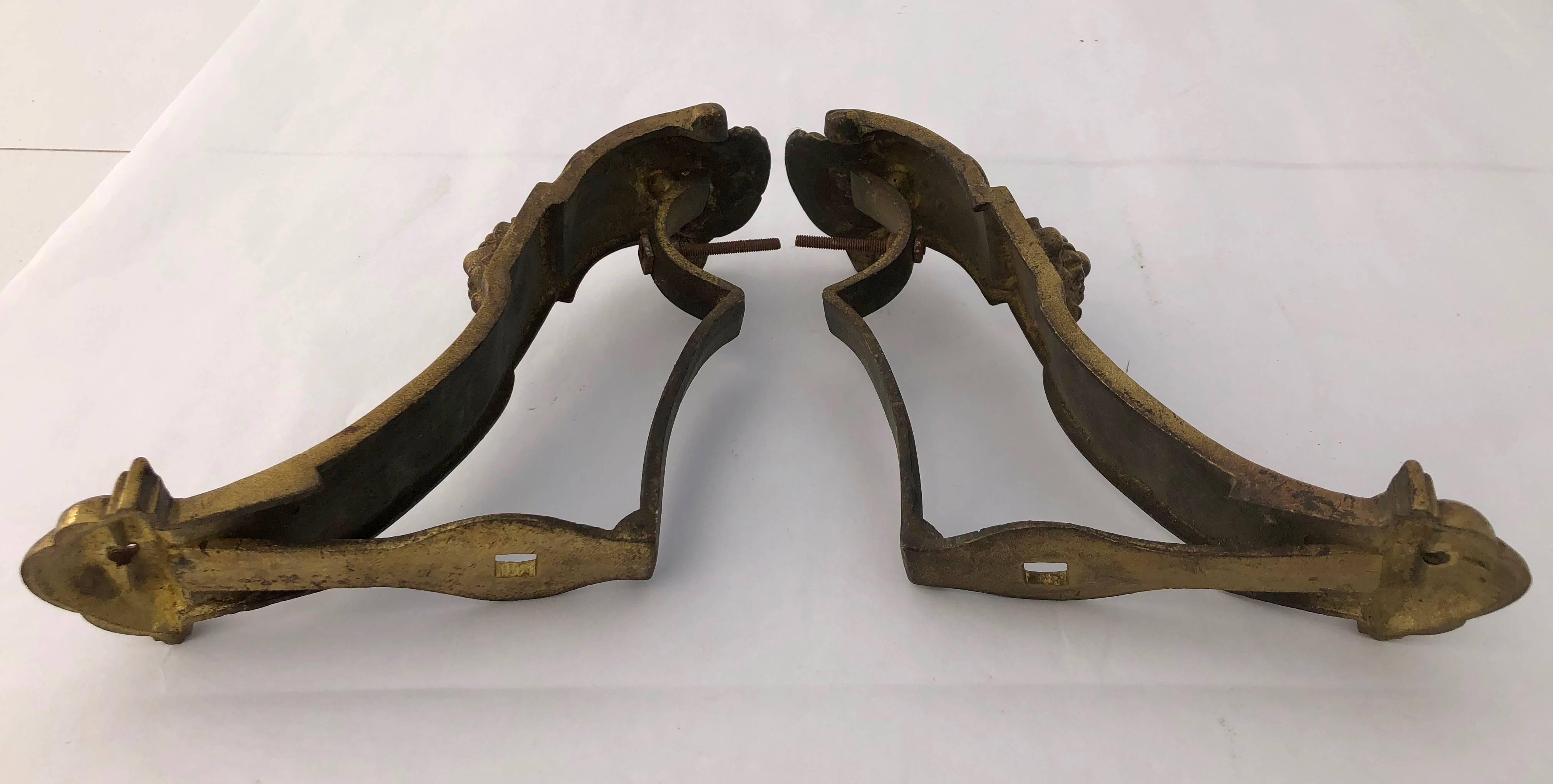 Intricately Detailed French Brass Very Heavy Curtain Rod Brackets, Set of Two For Sale 2