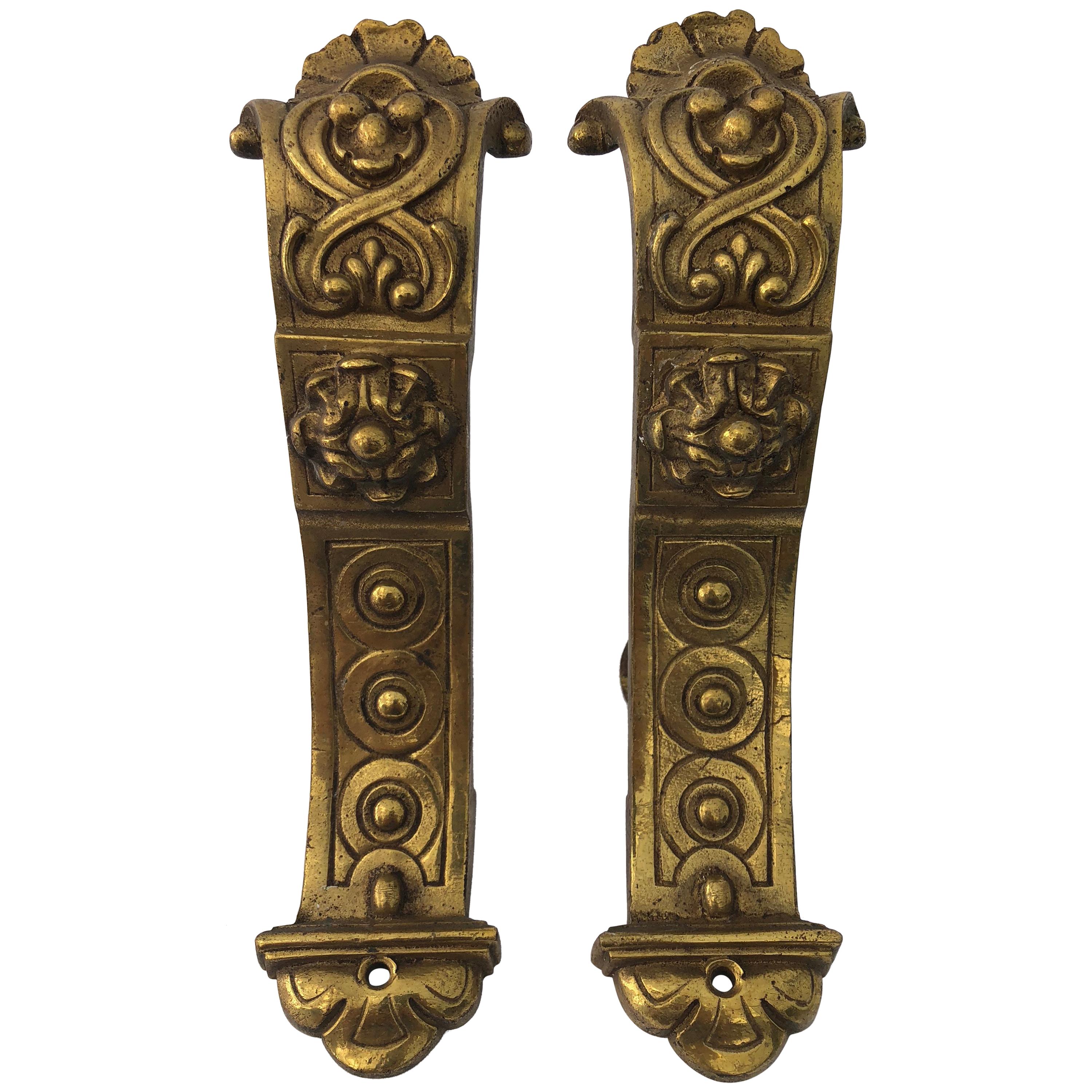 Intricately Detailed French Brass Very Heavy Curtain Rod Brackets, Set of Two For Sale
