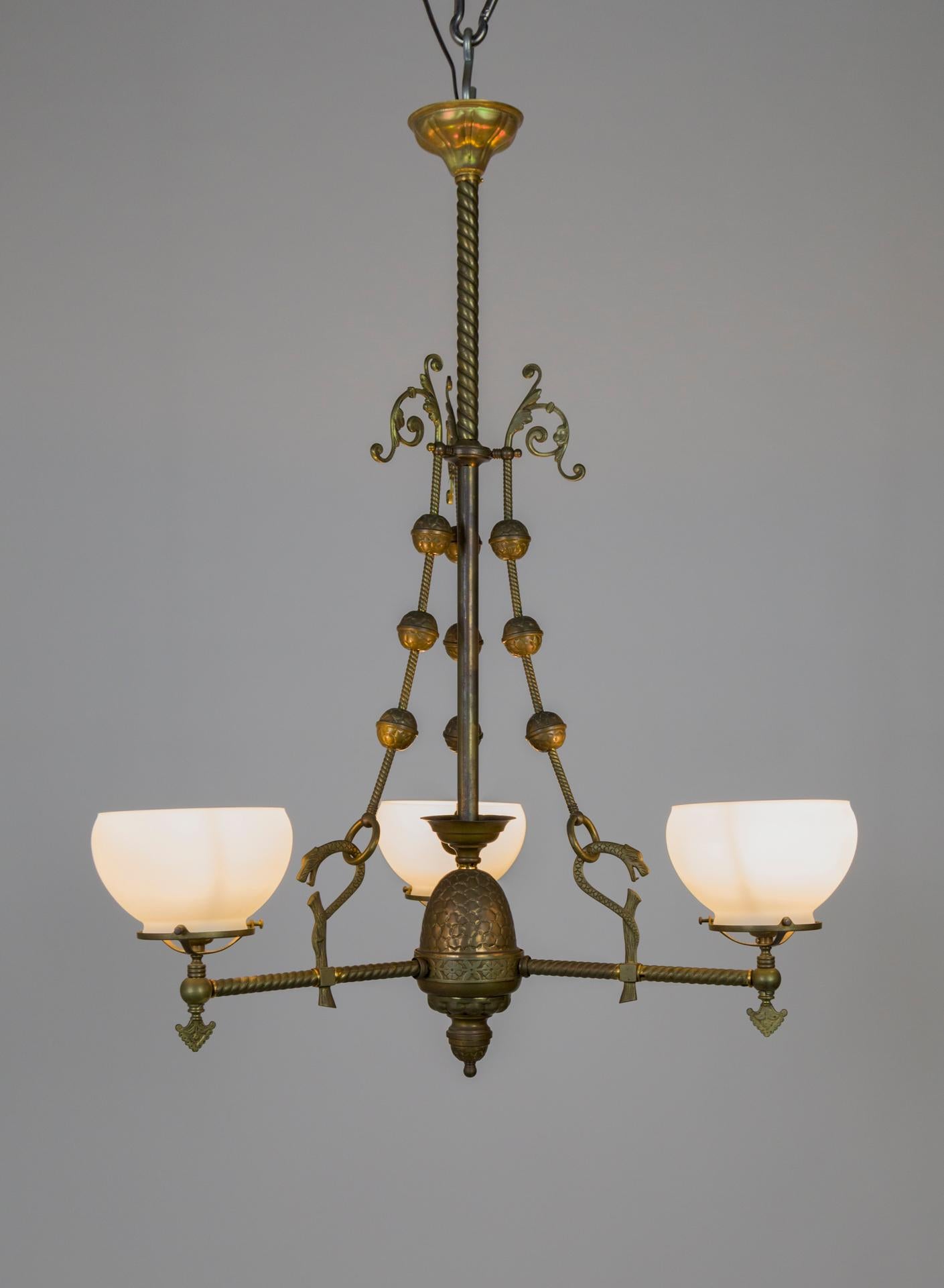 Intricately Detailed Late Victorian Gas 3-Light Chandelier '2 available' 5