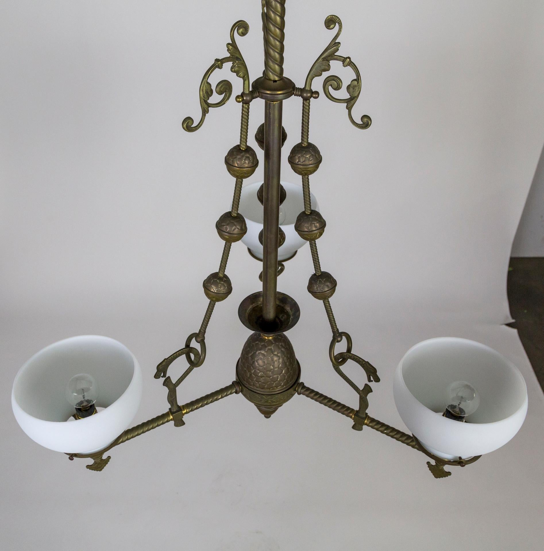 Intricately Detailed Late Victorian Gas 3-Light Chandelier '2 available' In Good Condition In San Francisco, CA